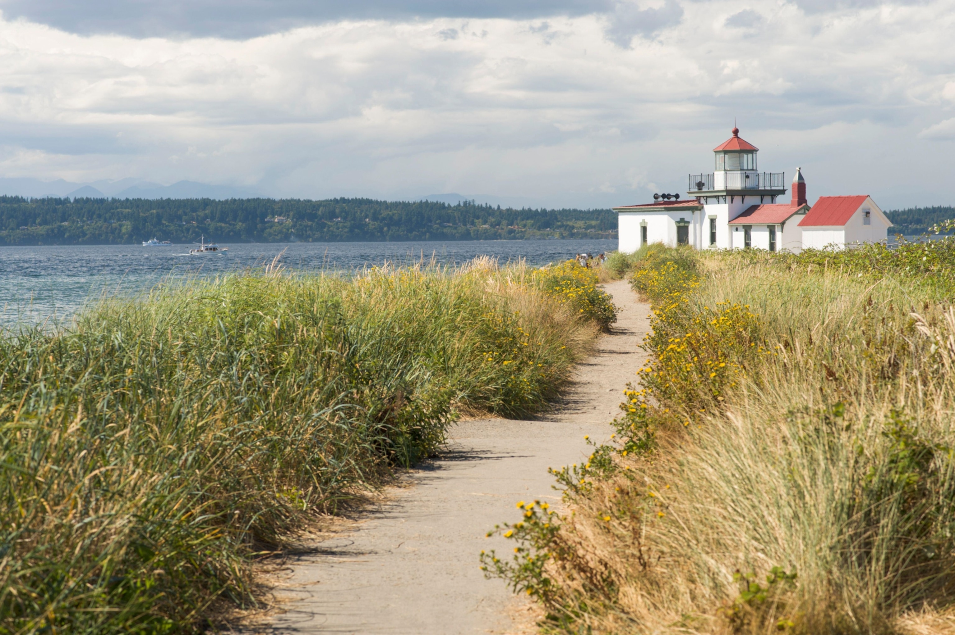Sandy path leading to West Point Lighthouse, Discovery Park, Seattle, King County, Washington, USA