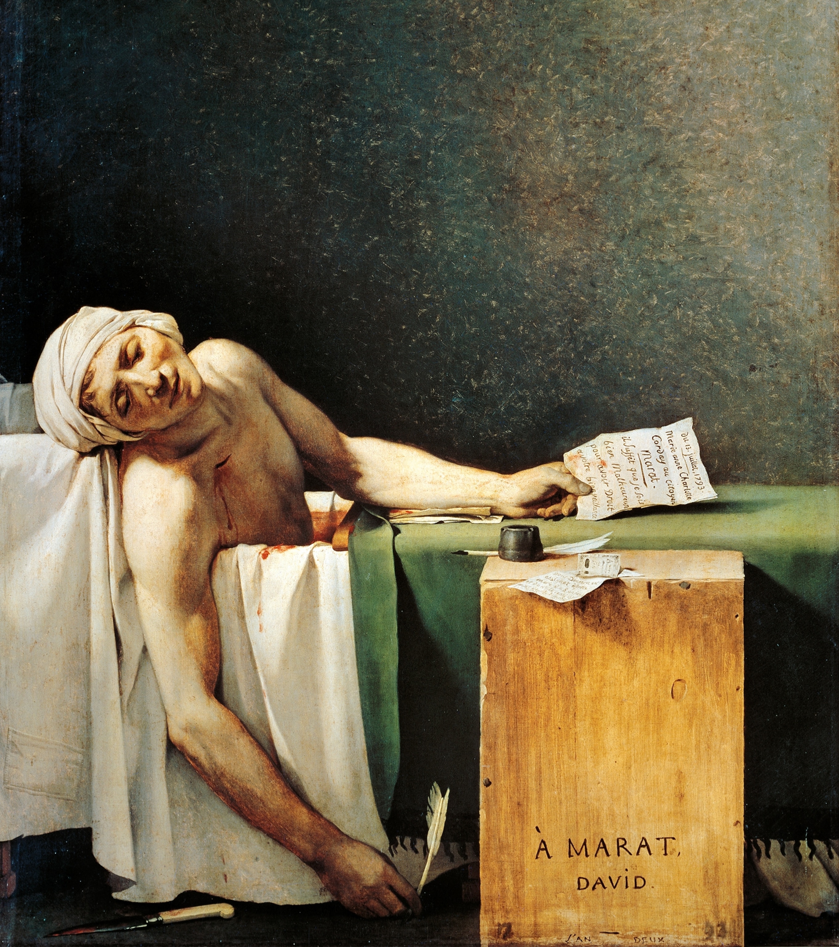 The 1793 painting ''The Death of Marat'' shows a dead man in a bathtub with a sublime smile.