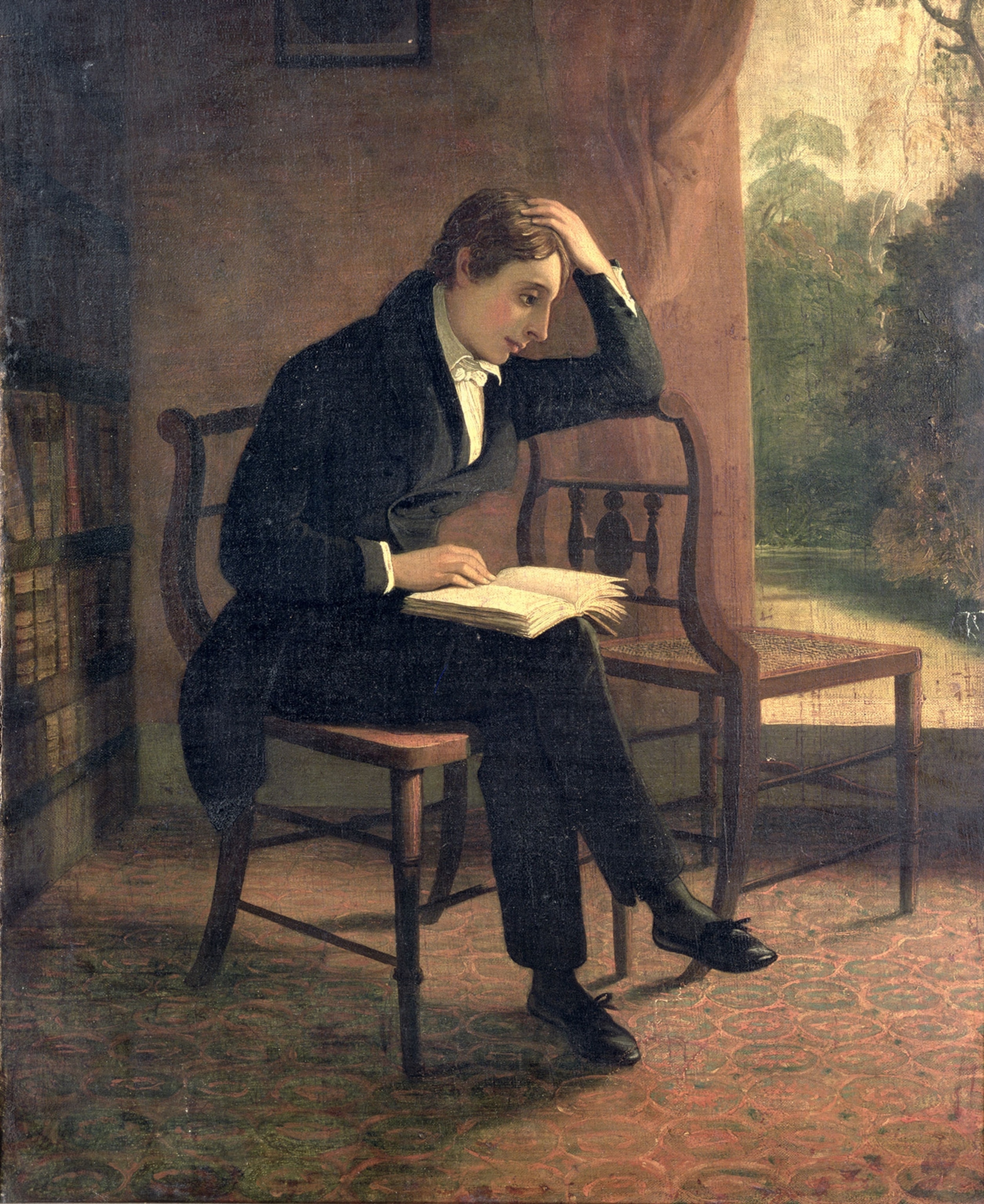 A colorful painting of a man, sitting on a chair, reading a book in a home.