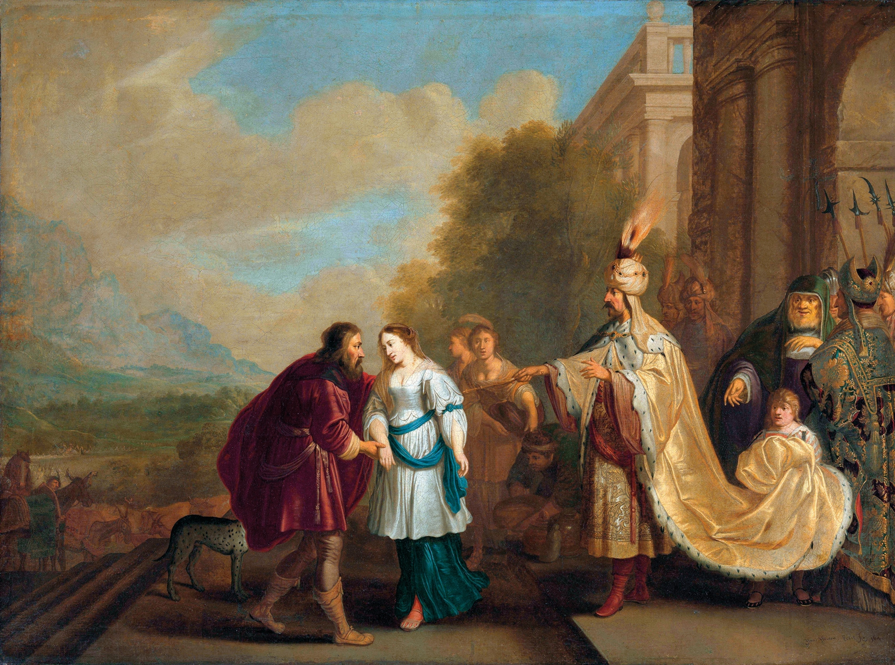 A painting of the pharaoh returning Sarah to her husband, Abraham.