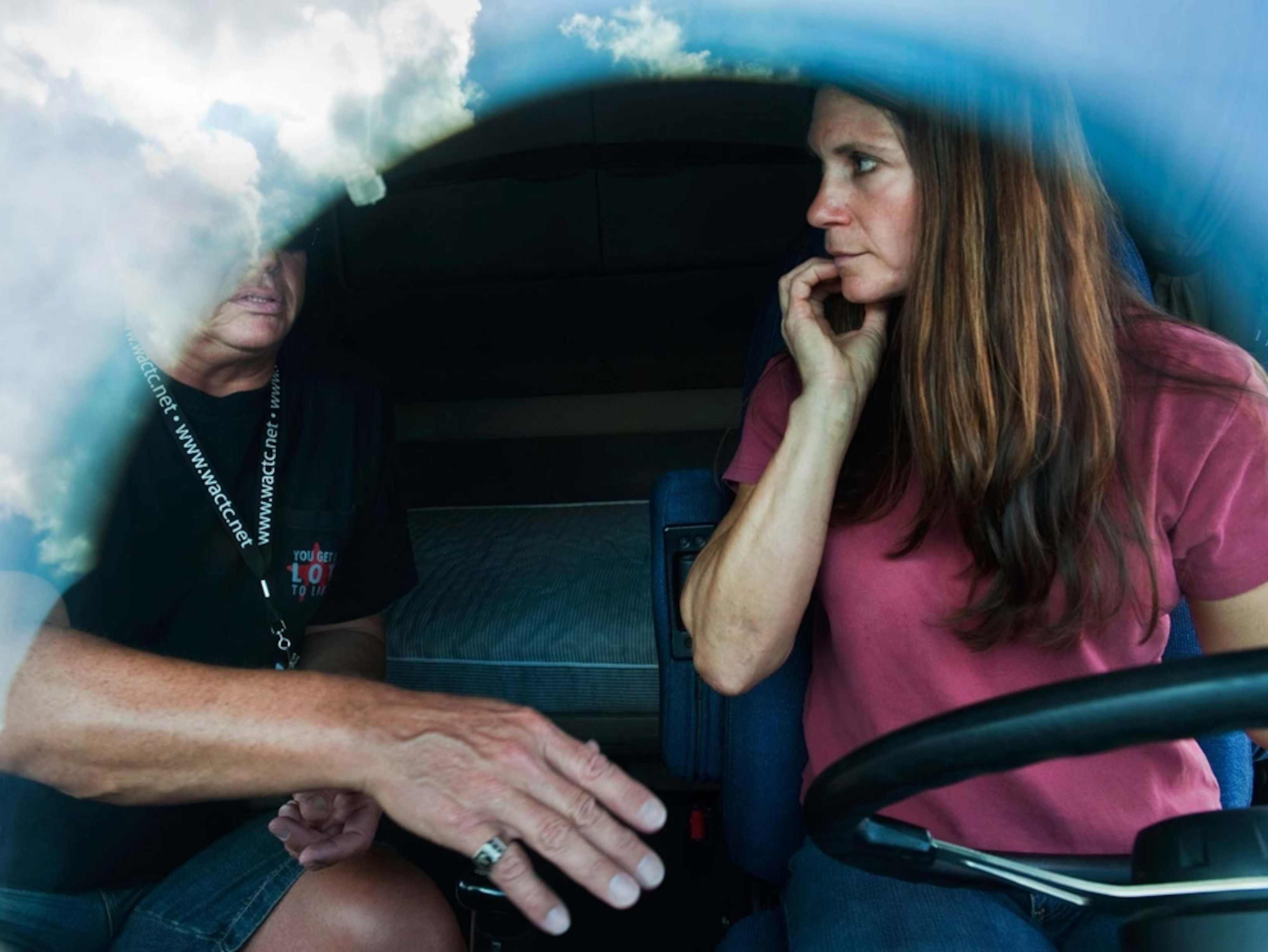 Lee Zavislak learns to drive an 18-wheel truck at the Western Area Career and Technology Center in Canonsburg, Pennsylvania.