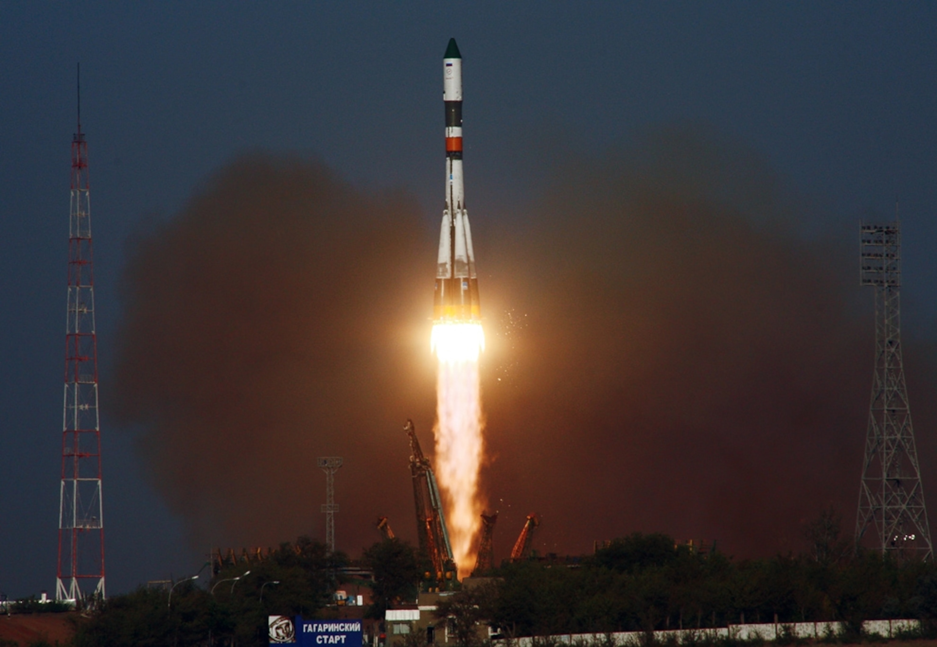 An unmanned spacecraft launches from the Baikonur Cosmodrome.