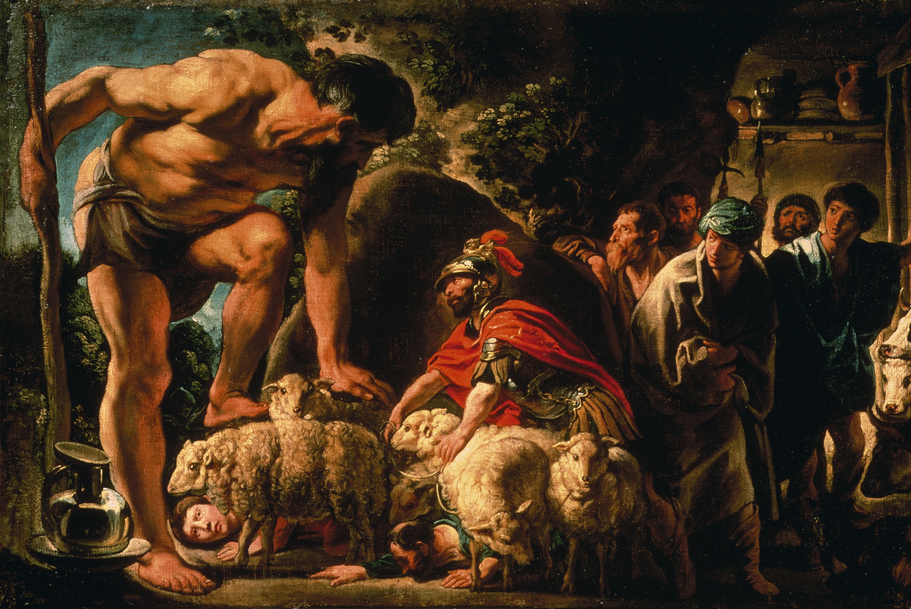 Oil painting of Odysseus and his companions sneaking out of a cave.