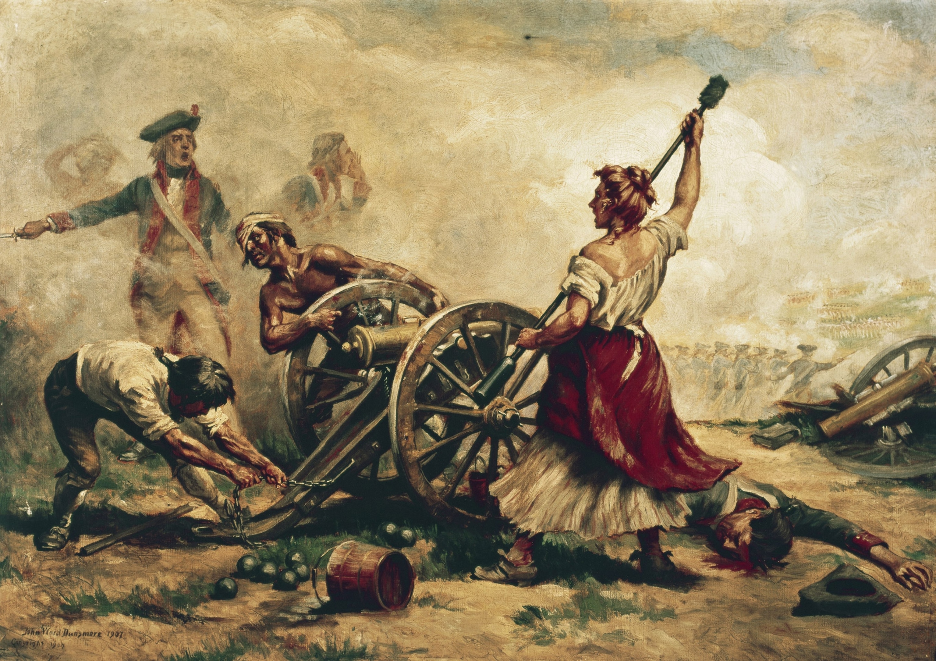 Historical artwork in color showing a woman in a red skirt and white blouse standing aside a canon, soldiers in uniform and various stages of disarray surround