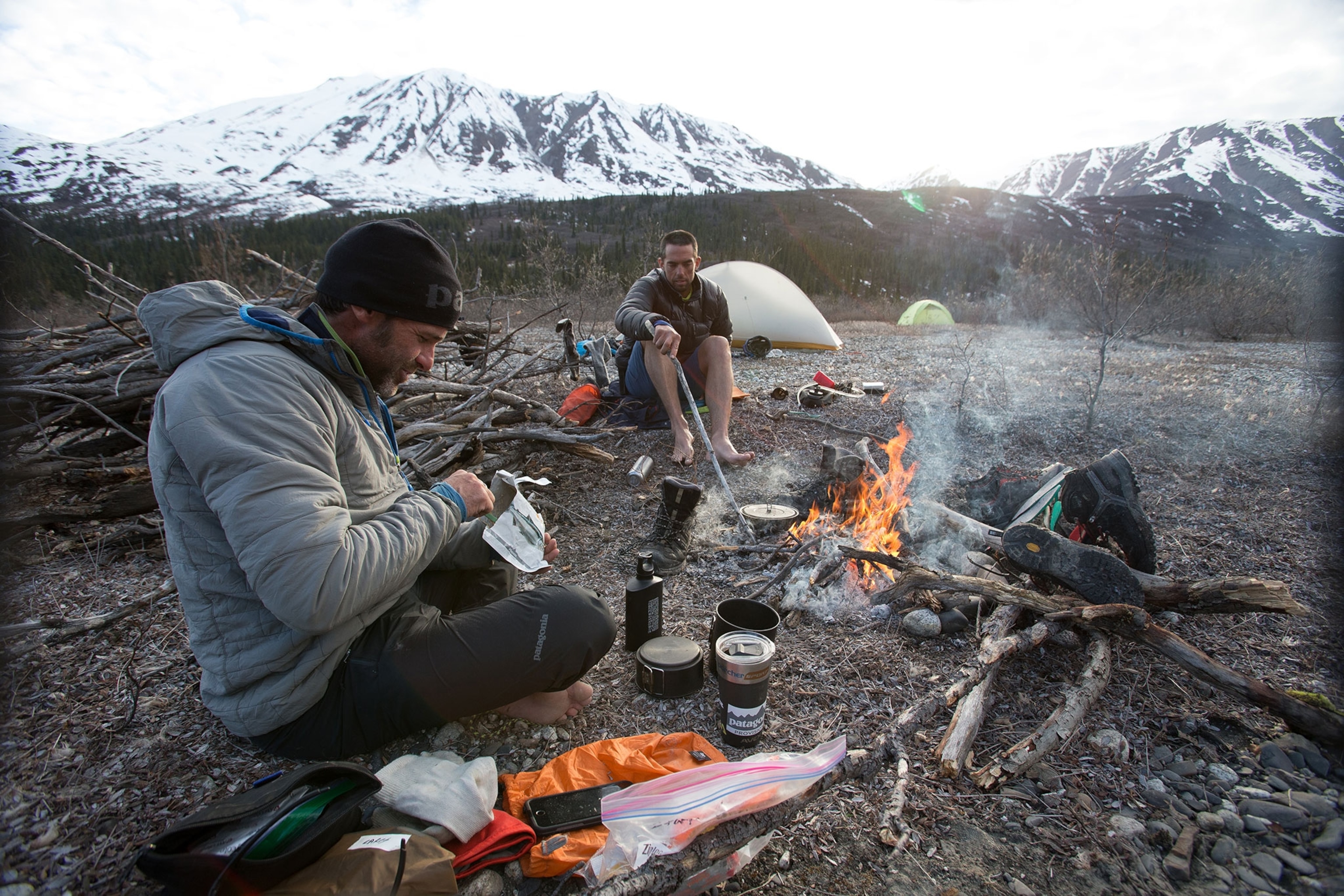 Gavin McClurg and Dave Turner camping during their Alaska paragliding traverse