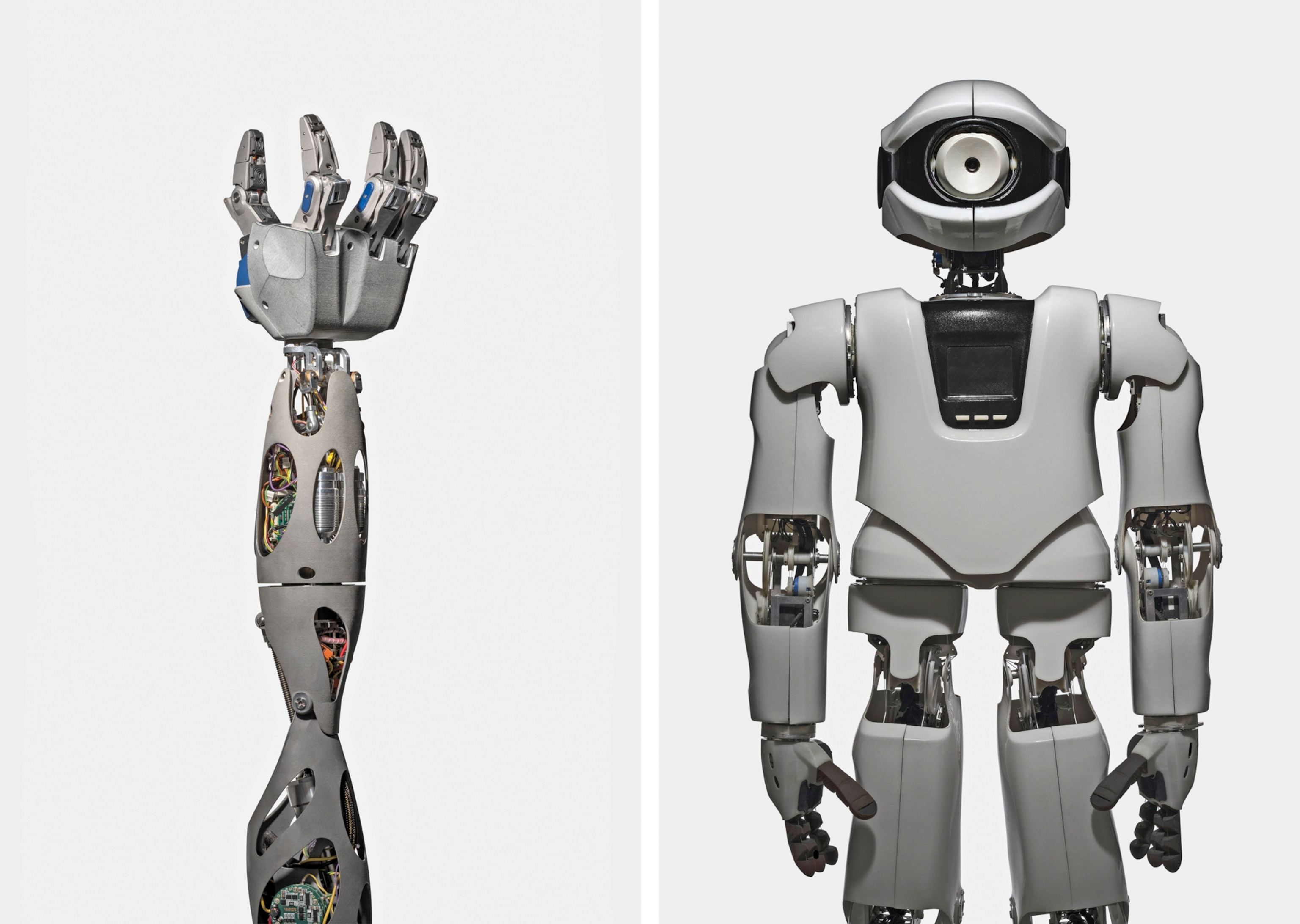 Humanoid robots. On the left, a robotic arm with an open hand, featuring exposed mechanical components and wiring, is displayed against a plain white background. On the right, A humanoid robot with a sleek, white exterior and visible mechanical joints stands facing forward.