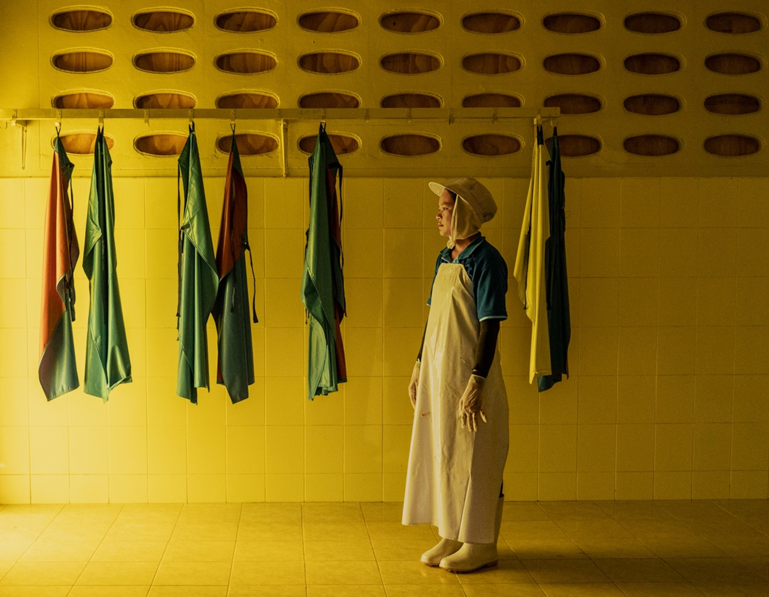 A woman stands in a yellow room with hanging clothes
