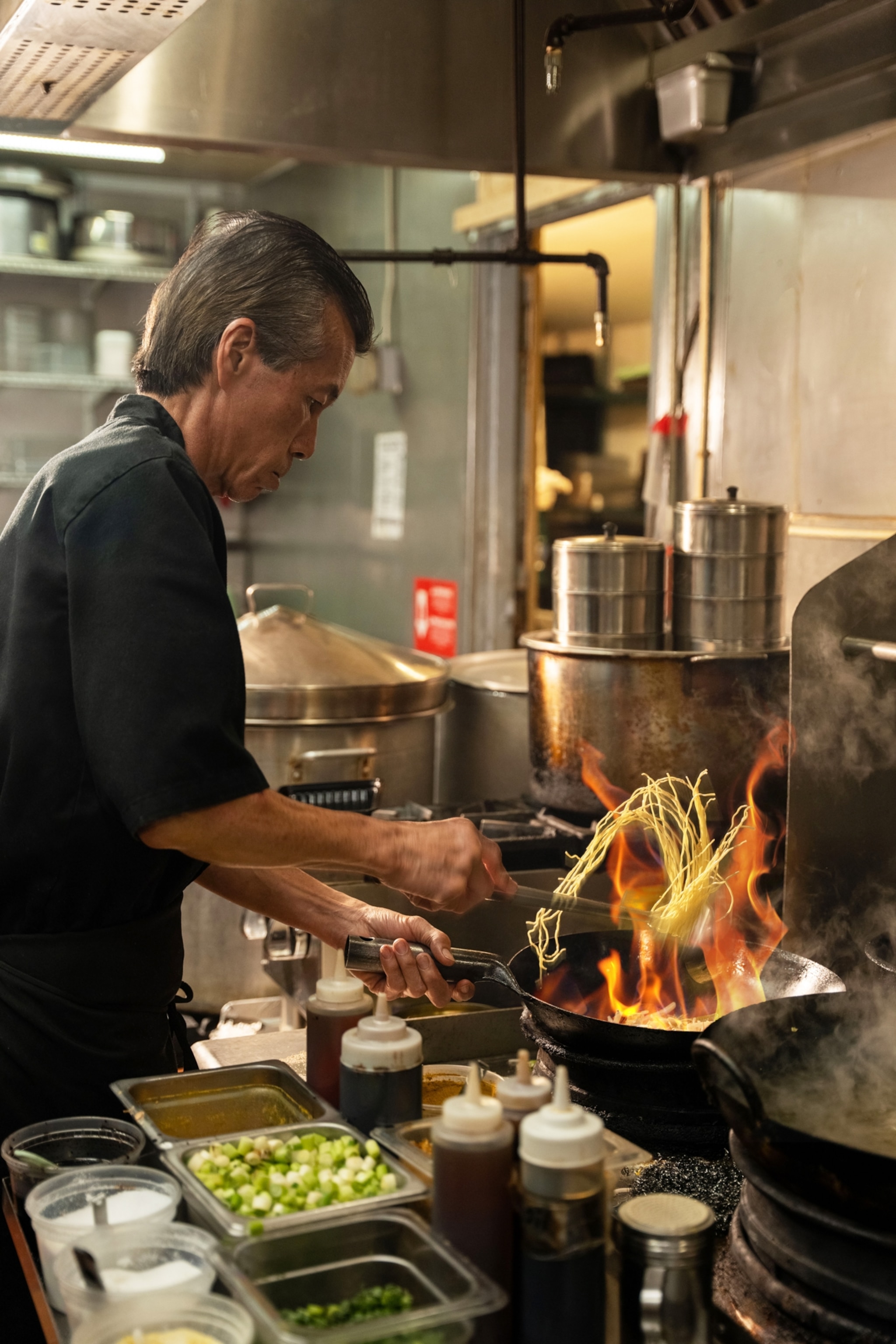 Chef Jerry frying noodles in a Wok