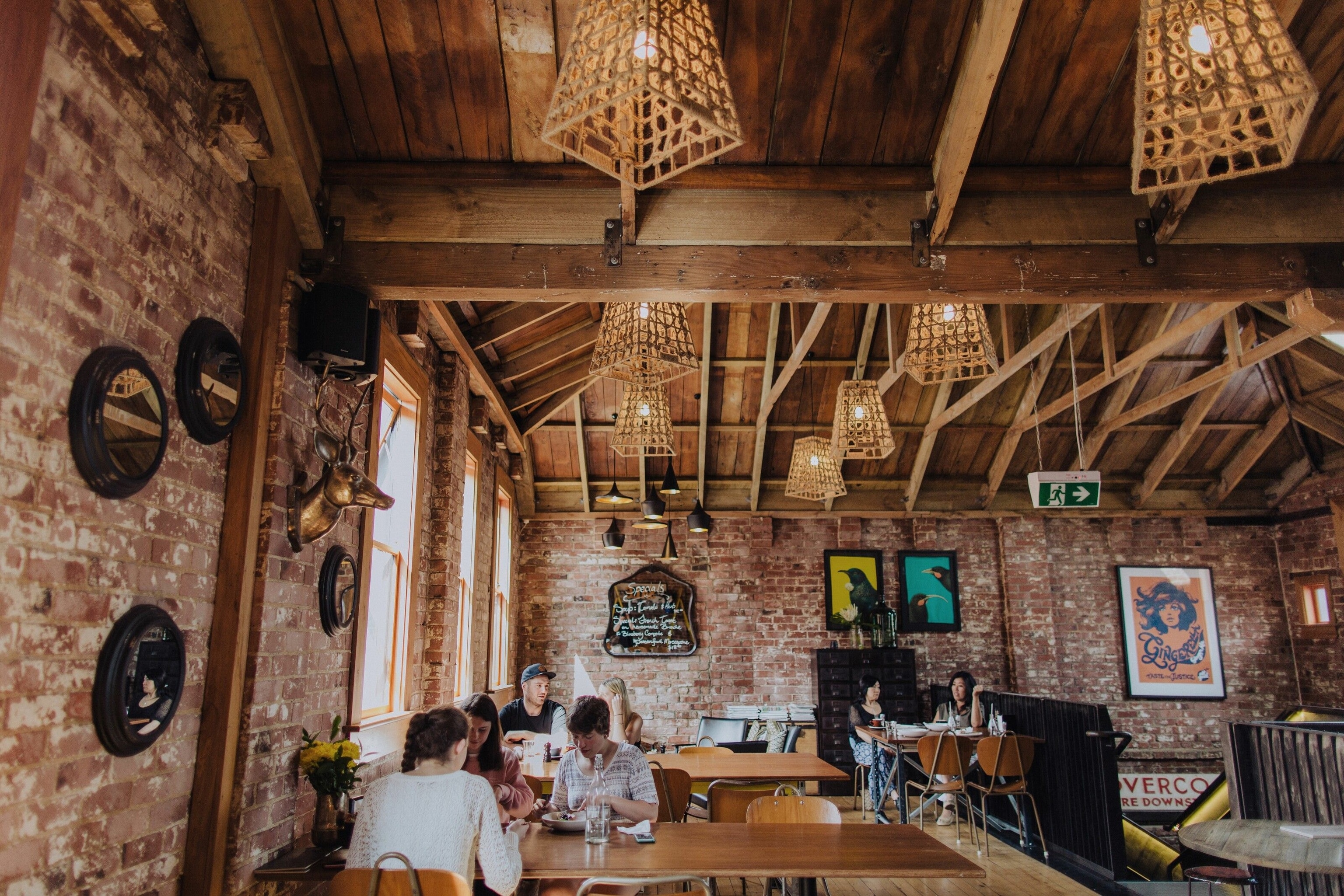 industrial dining space serving wood-fired pizzas
