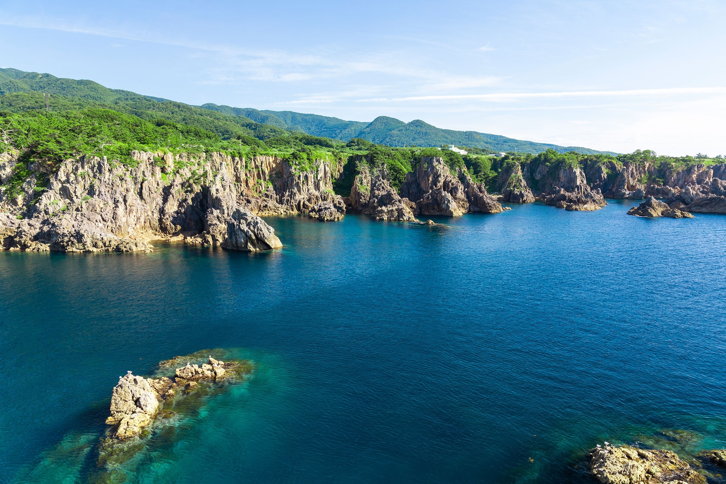 Sharp cliffs in the background with blue water in the foreground.