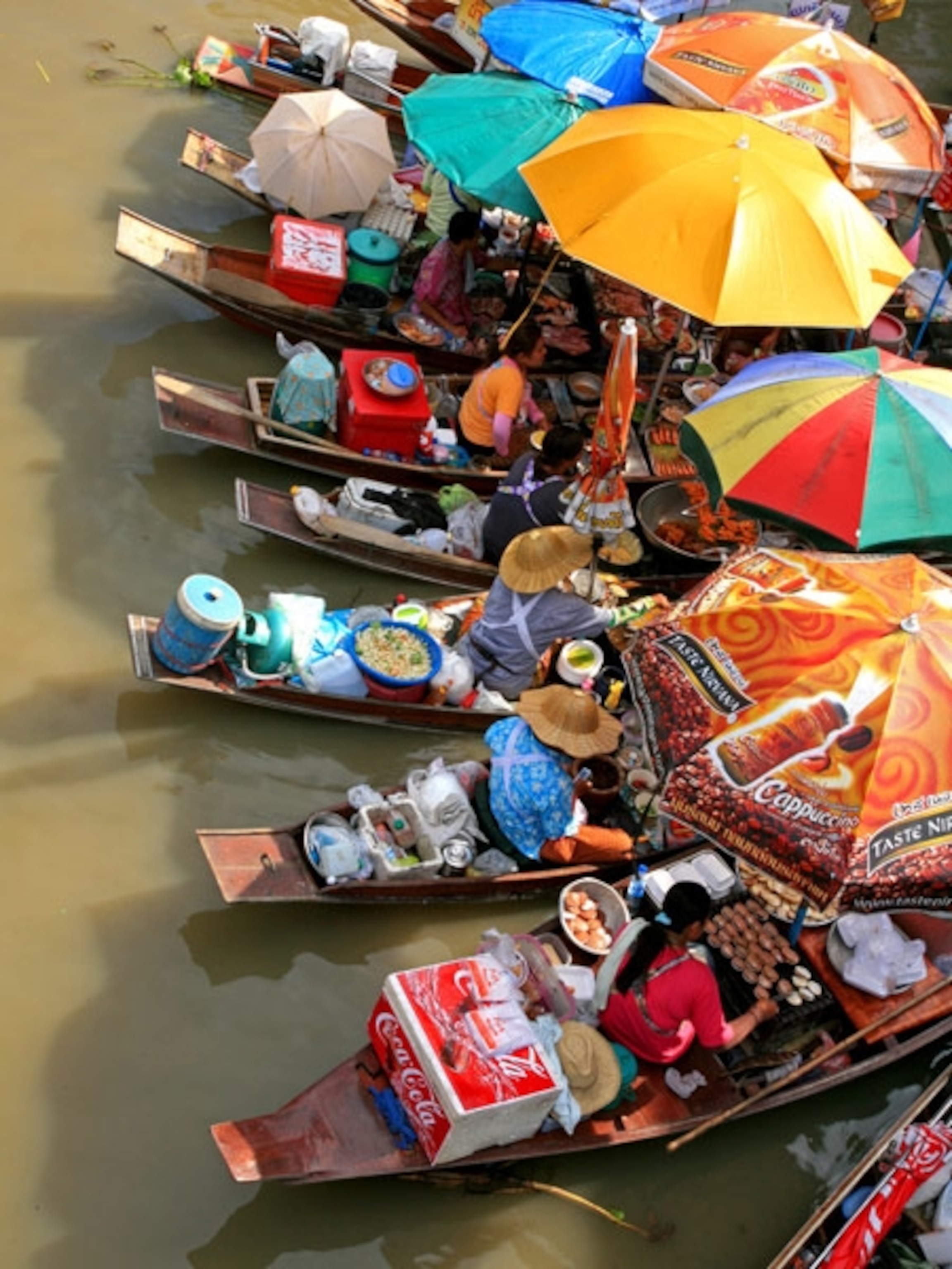 Brightly colored vendors' boats
