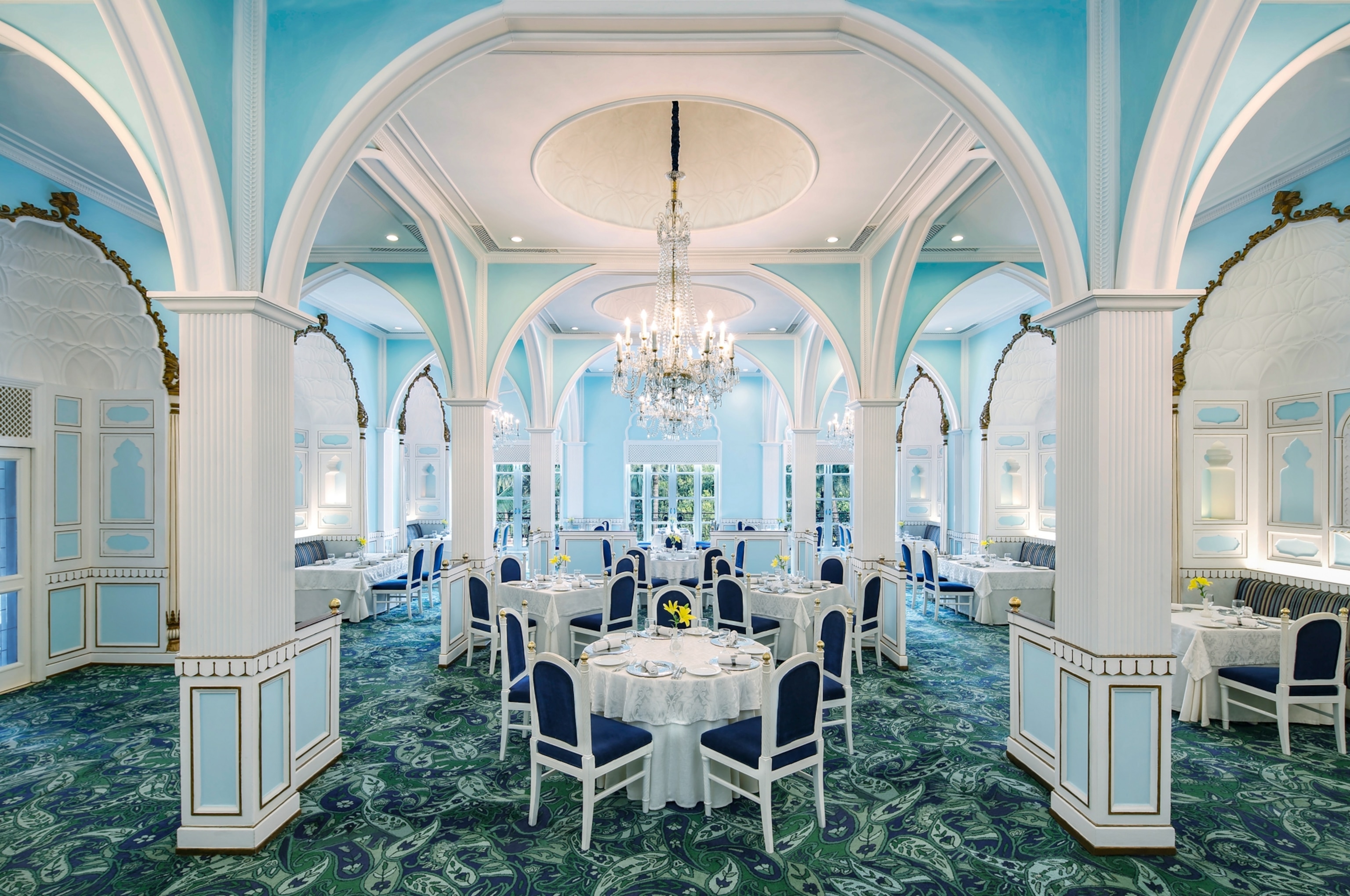 The blue-and-white interior of Oudhyana restaurant inside the Taj Mahal Lucknow hotel