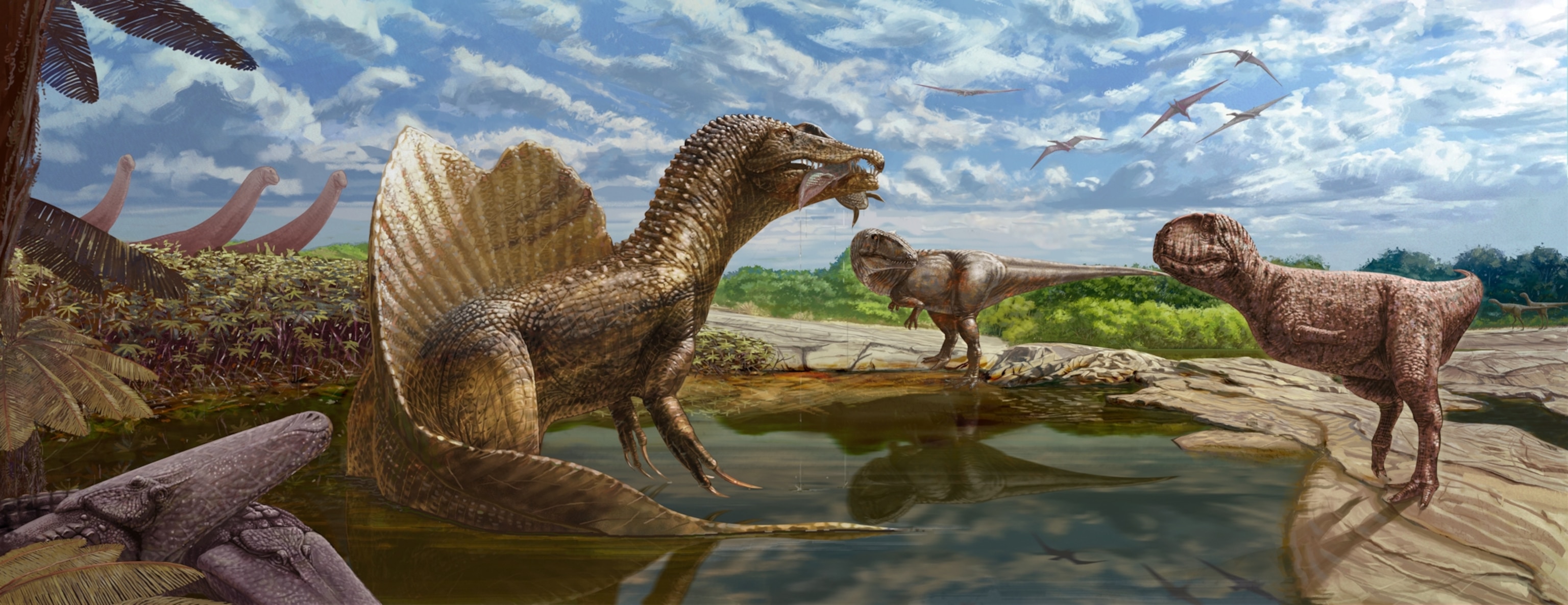 A Spinosaurus with a large sail stands in a pond holding a fish, surrounded by other dinosaurs, pterosaurs in the sky, and lush prehistoric flora.