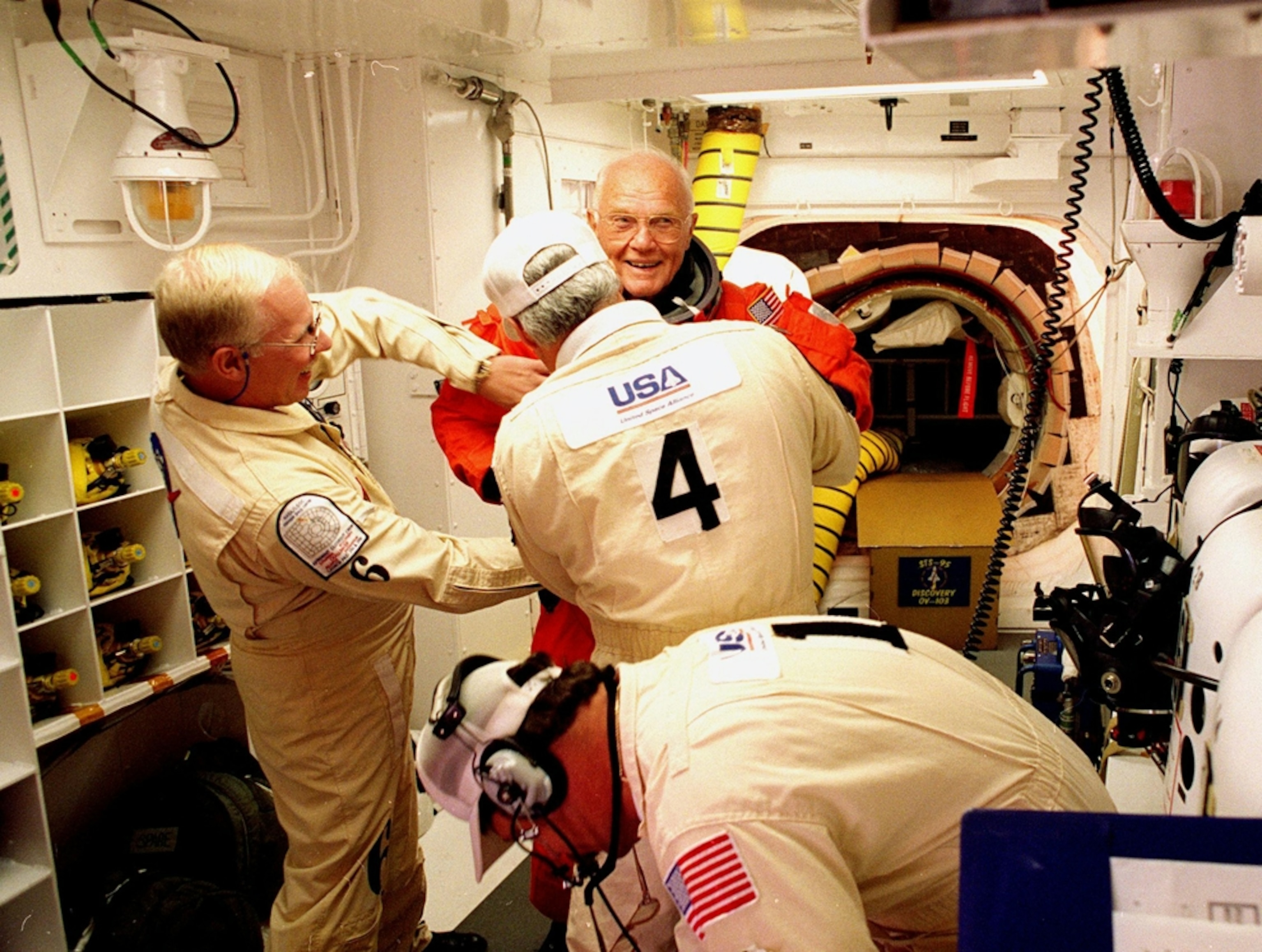 John Glenn getting ready to fly on the NASA space shuttle Discovery.
