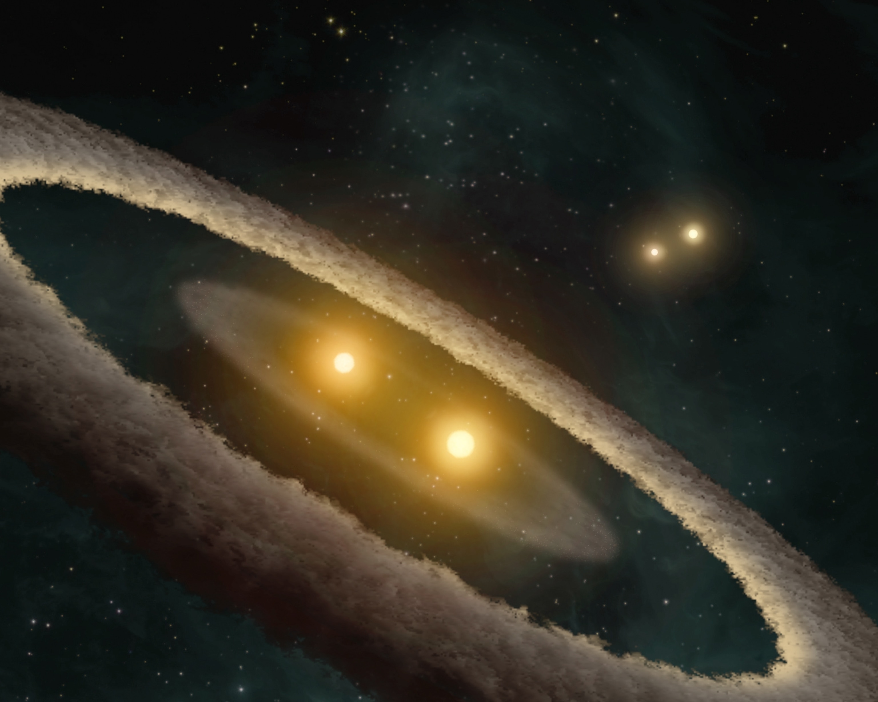 a quadruple star system with dusty rings that will one day become planets