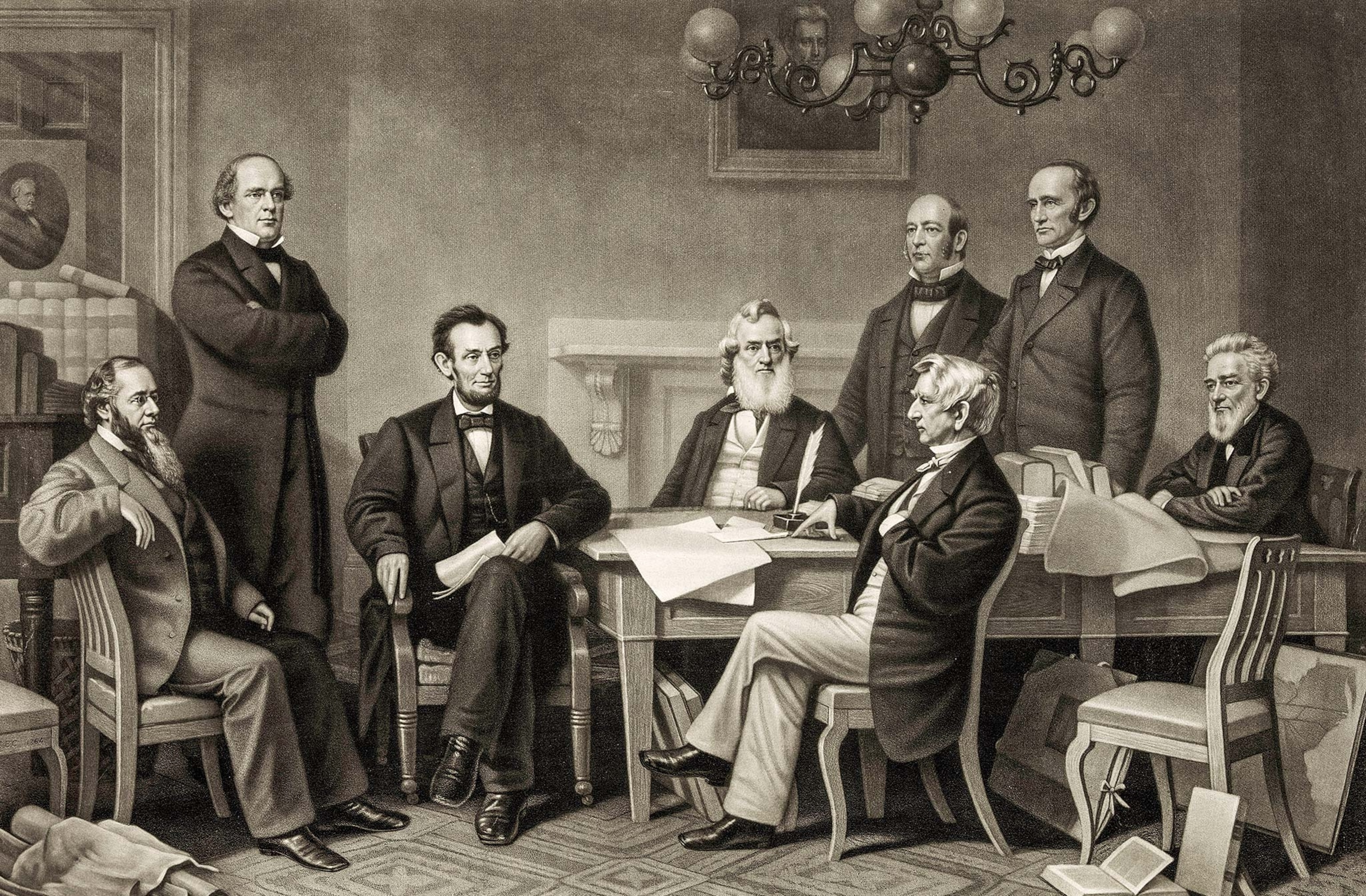 Abraham Lincoln presides over the first reading of the Emancipation Proclamation with his cabinet on July 22, 1862. This engraving by A.H. Ritchie is based on a painting by F.B. Carpenter.