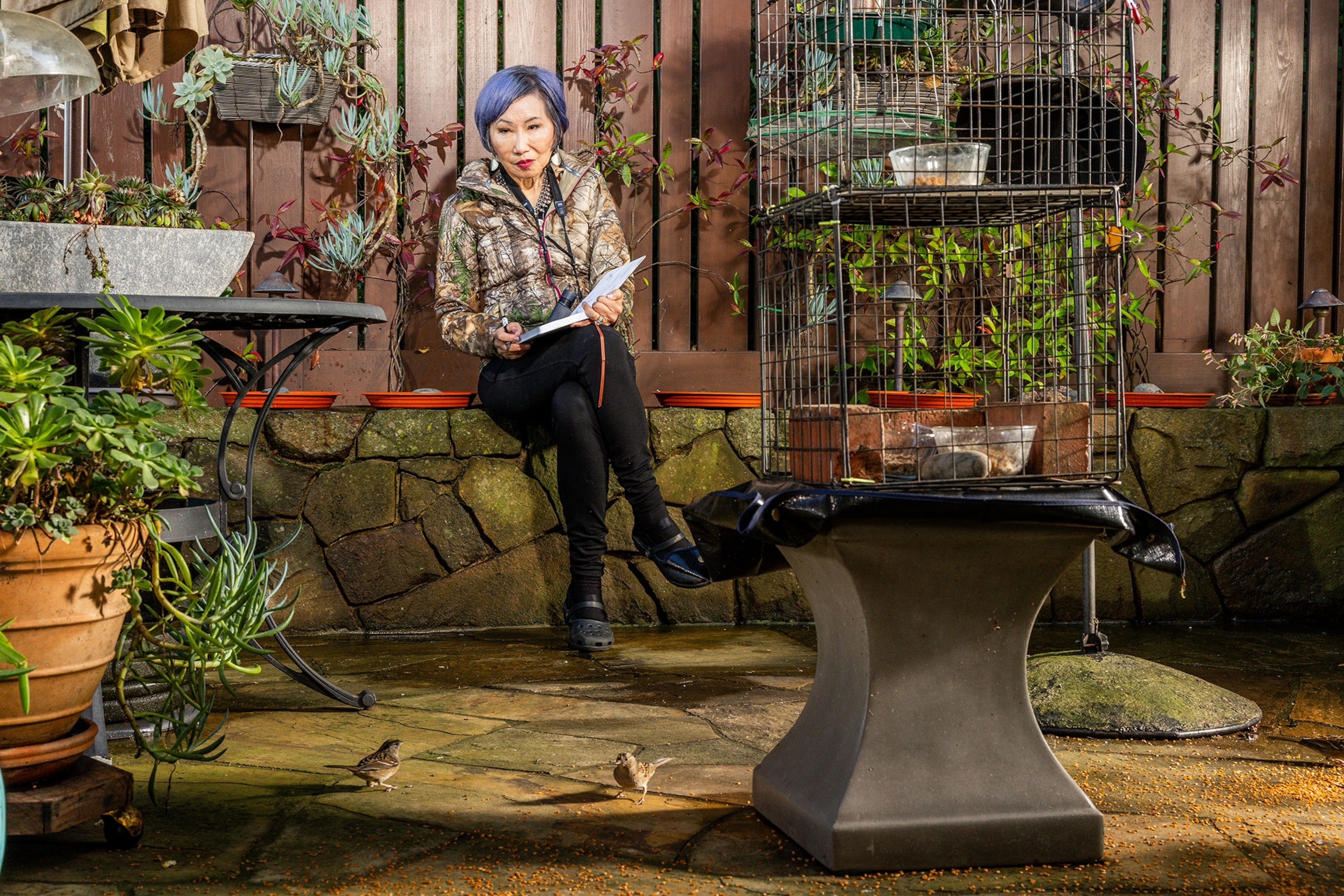 A woman sits down with a sketchbook staring at a bird.