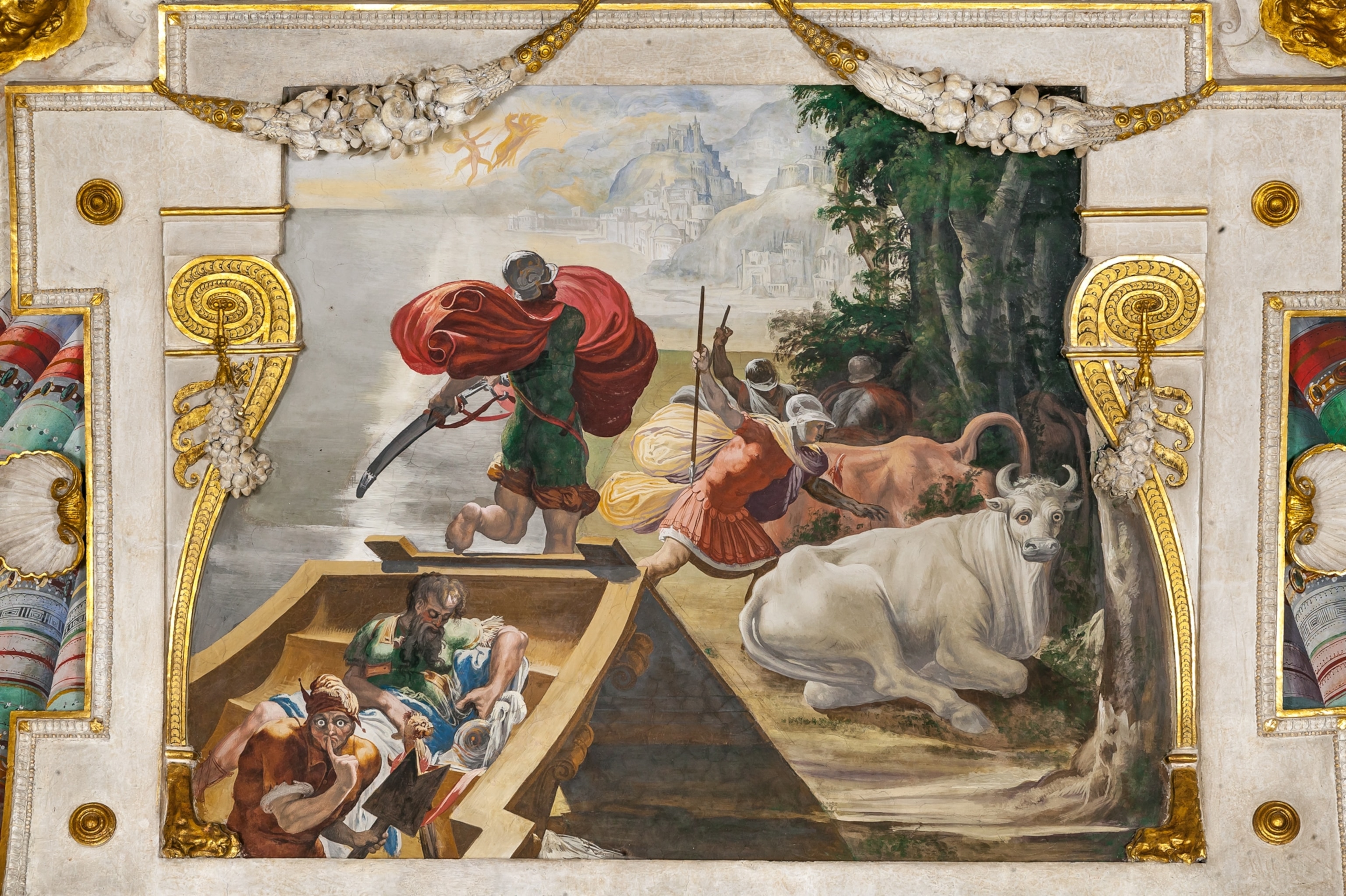 A painted wall mural framed with ornate gold decorations depicts several figures, animals, and a boat in a classical scene.