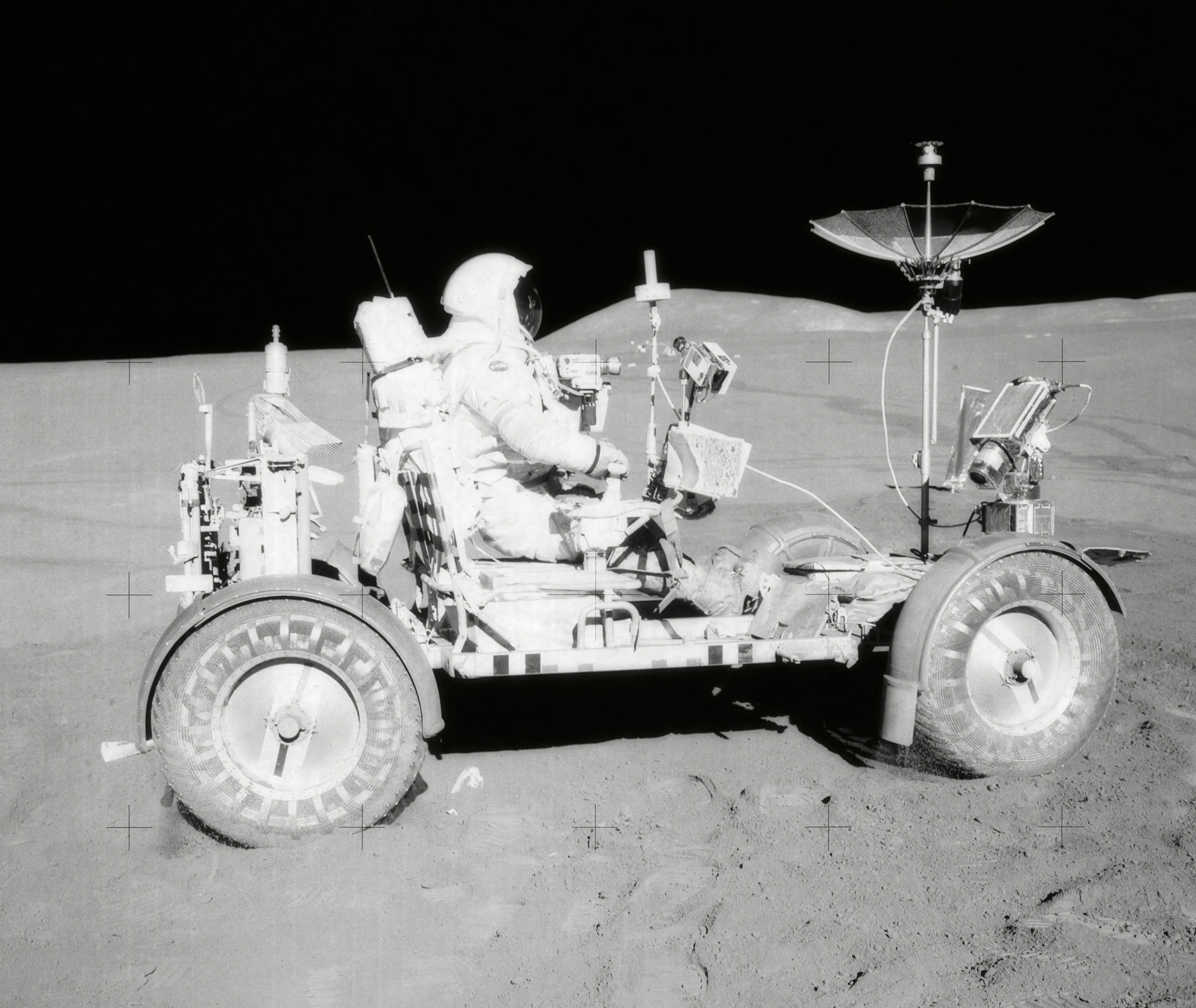 astronaut in rover on moon 1971
