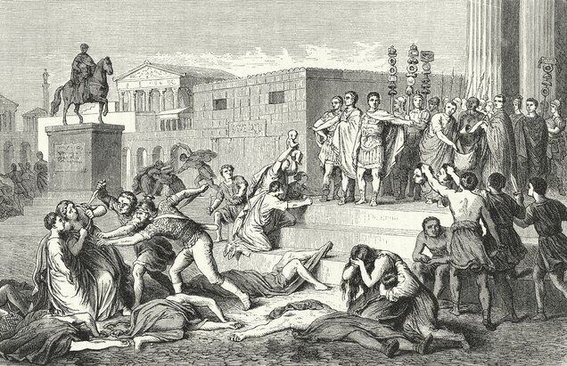 The Triumvirate of Mark Antony, Marcus Aemilius Lepidus, and Octavian proclaims proscriptions against their political enemies in an 1880 illustration for by Otto von Corvin and Wilhelm Held.