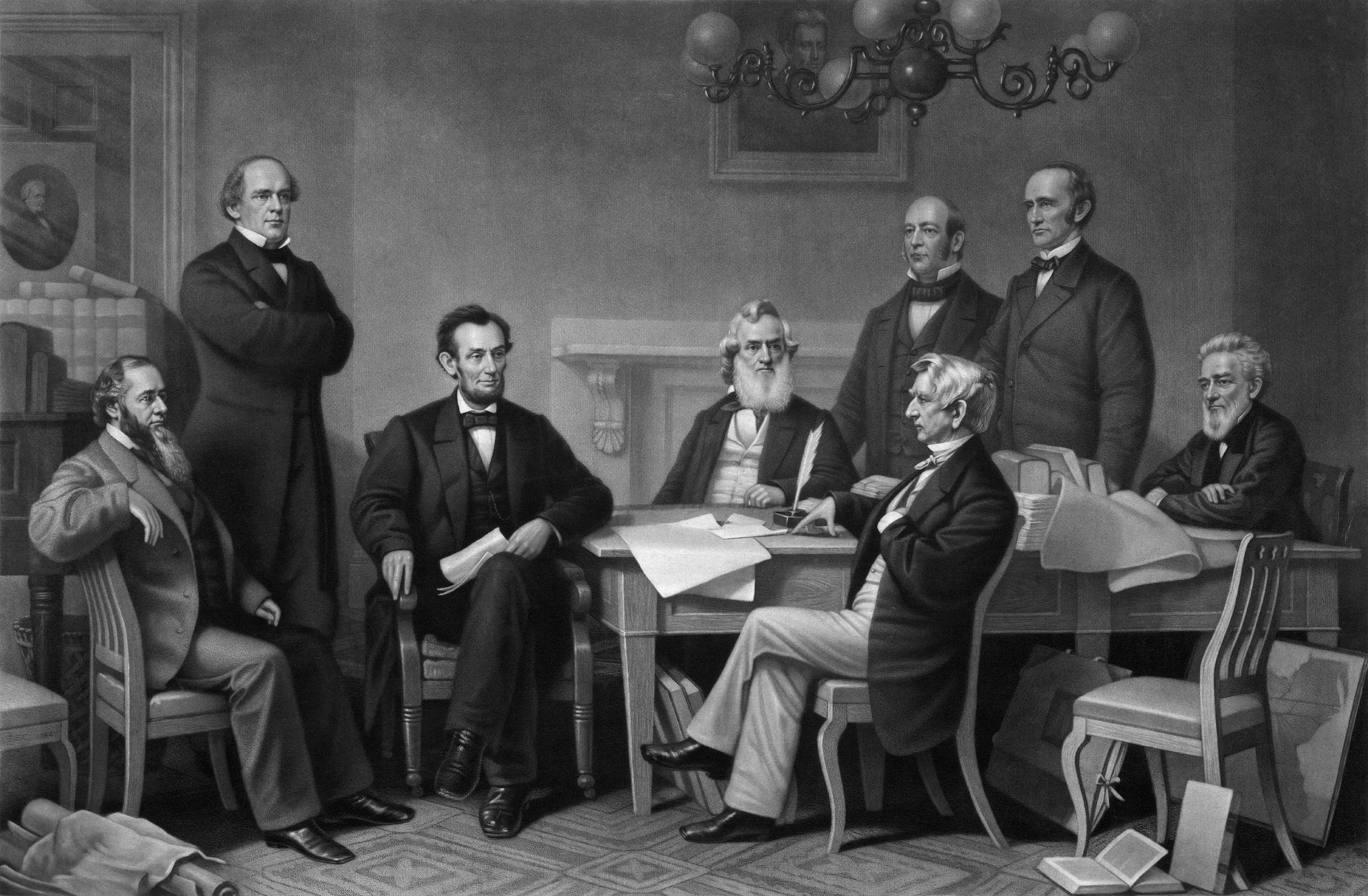 A black and white illustration of President Lincoln and his cabinet gathering around a table.