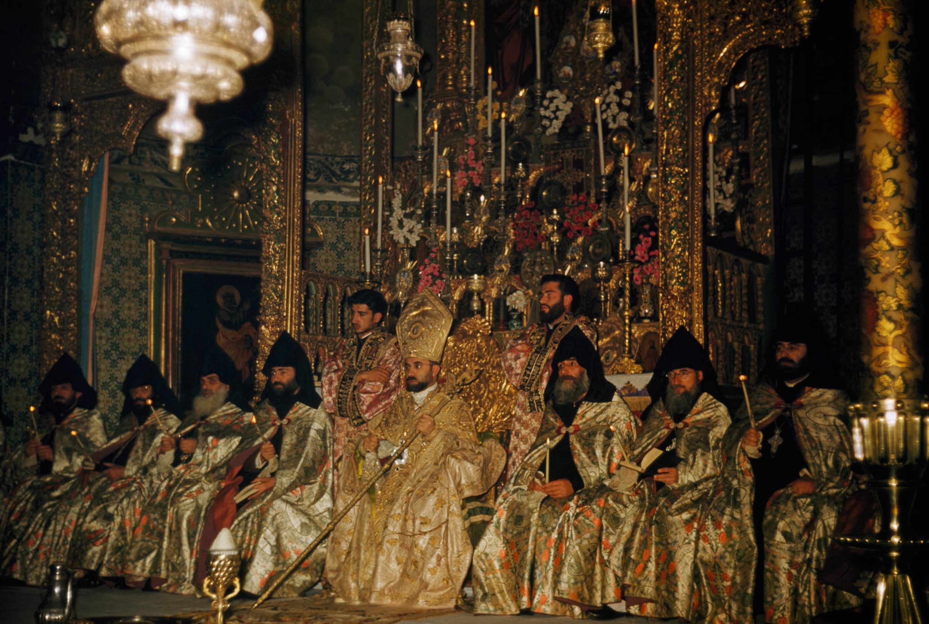 Monks and priests in ornate regalia at St. James Cathedral, an Armenian Church in Jerusalem