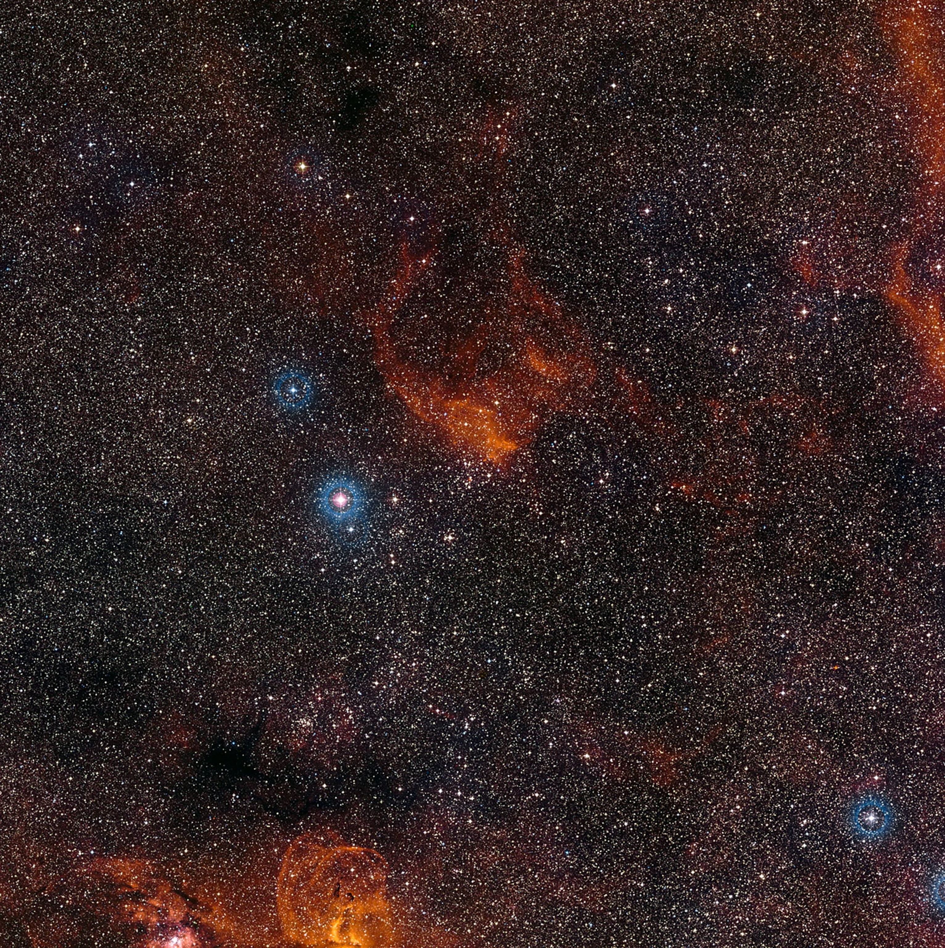 Image shows the patch of sky around the star cluster NGC 3572 and its associated gas clouds.