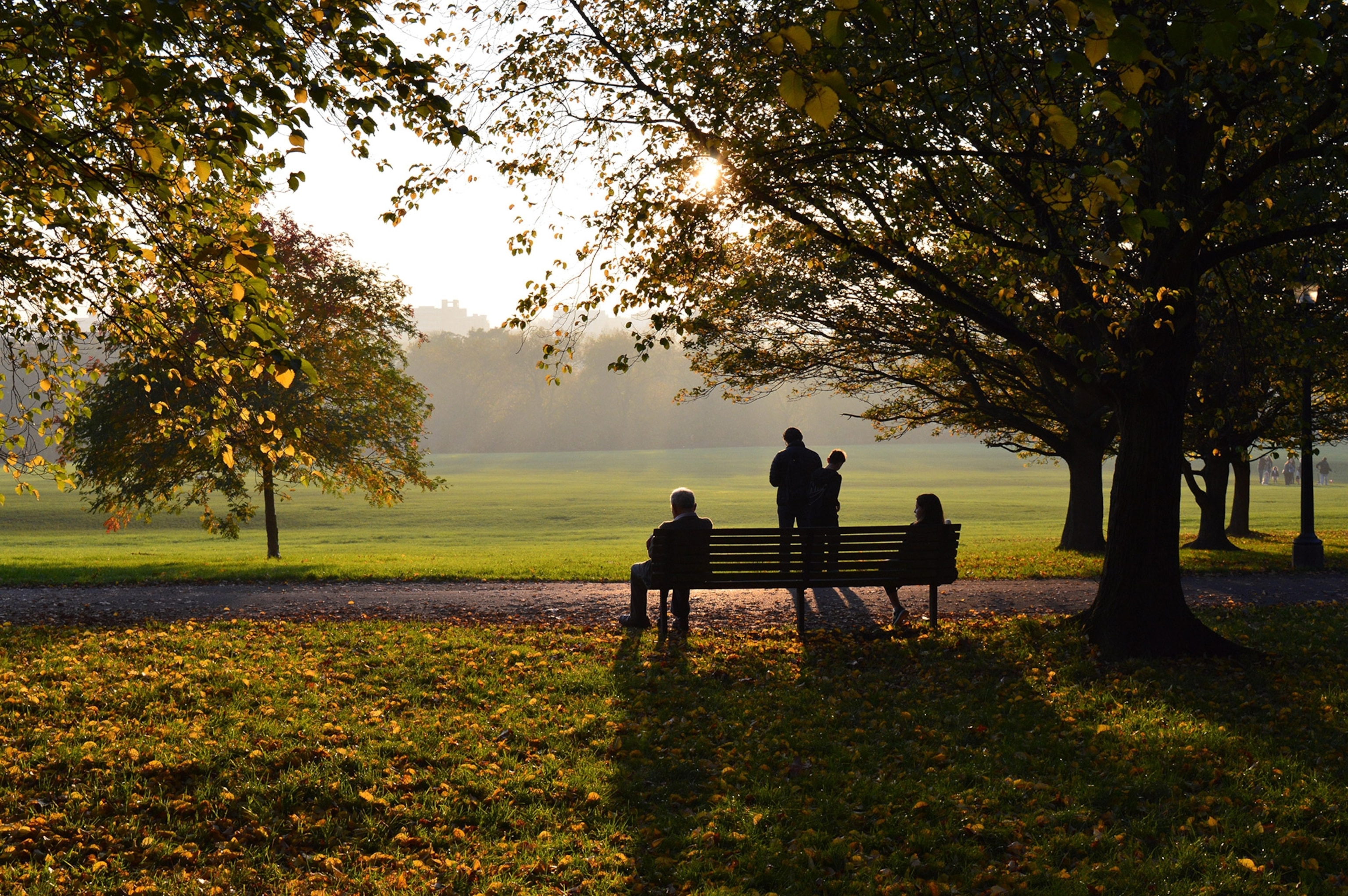 people enjoying the late afternoon sun in Primrose Hill Park in London, England