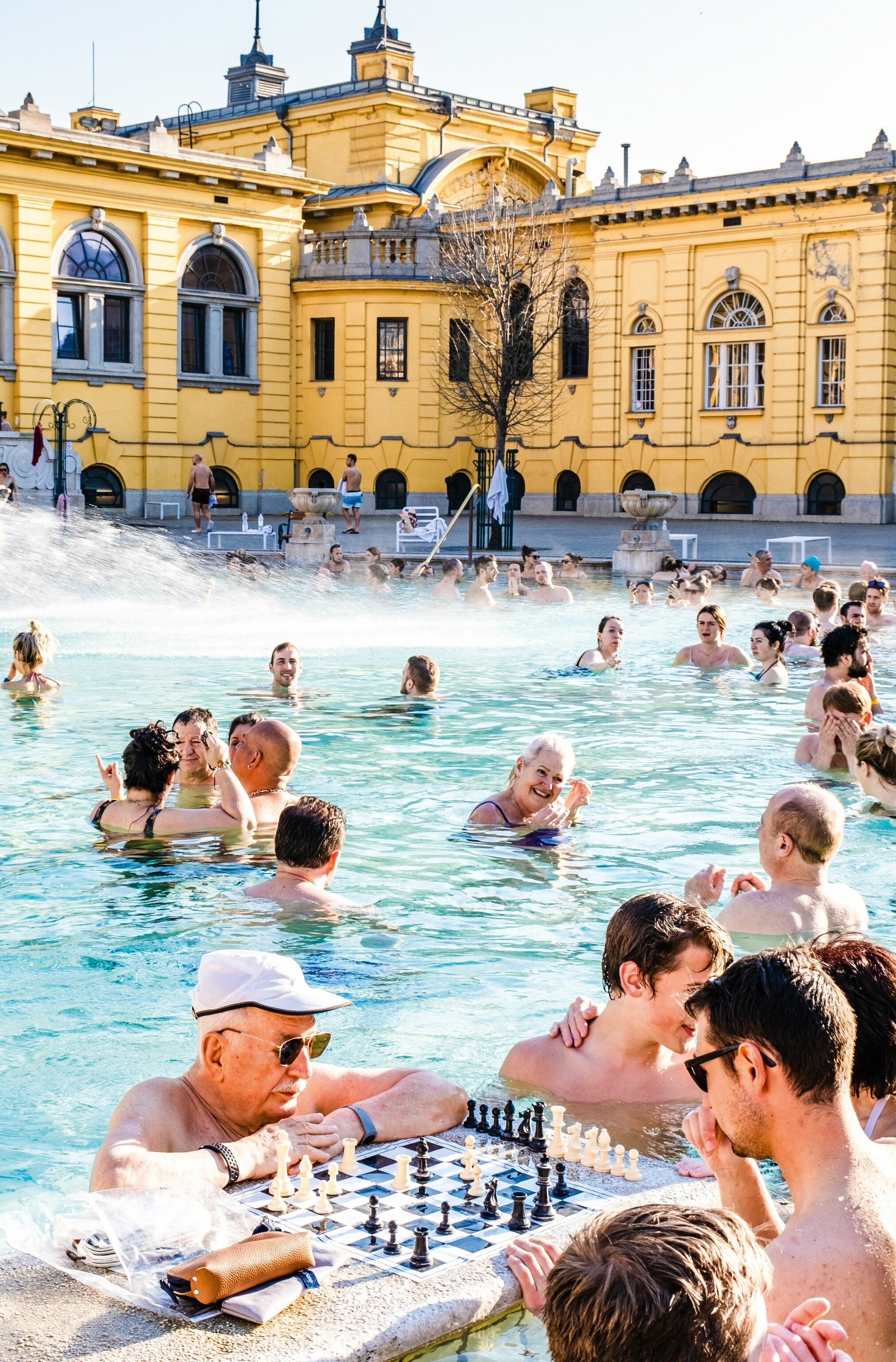 Playing chess at Szechenyi Thermal Bath.