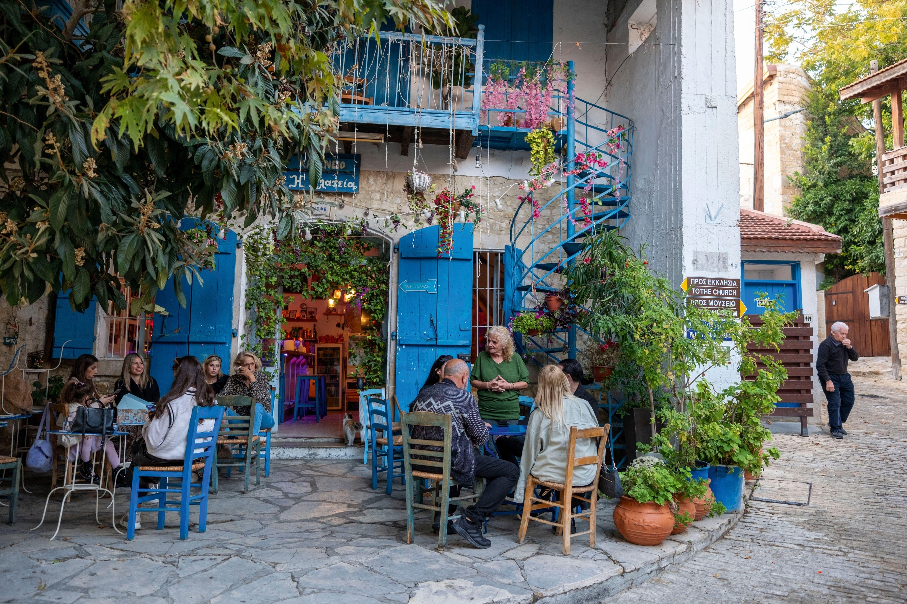 Blue coffeeshop in village street