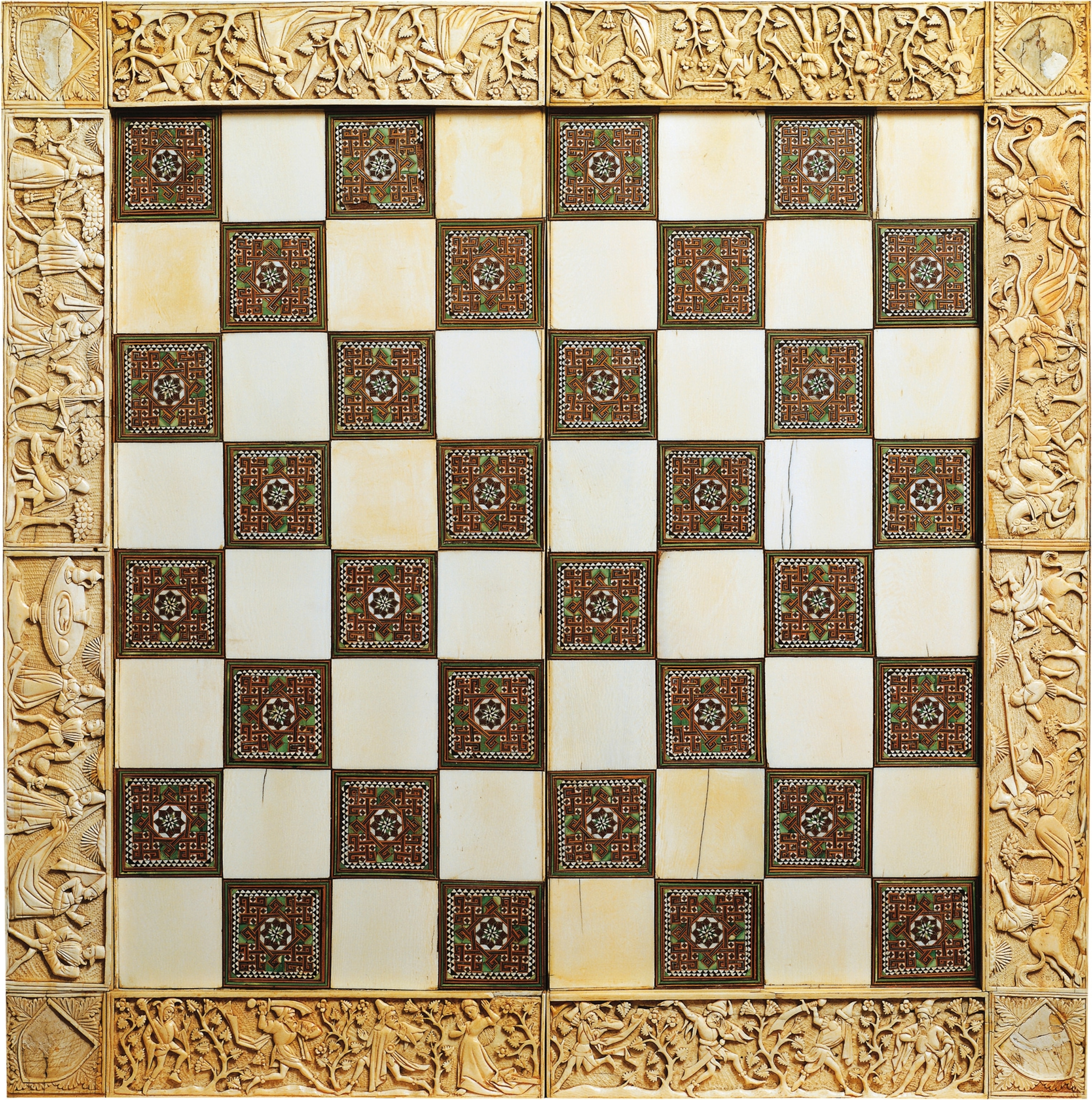 A 15th-century chessboard is pictured.