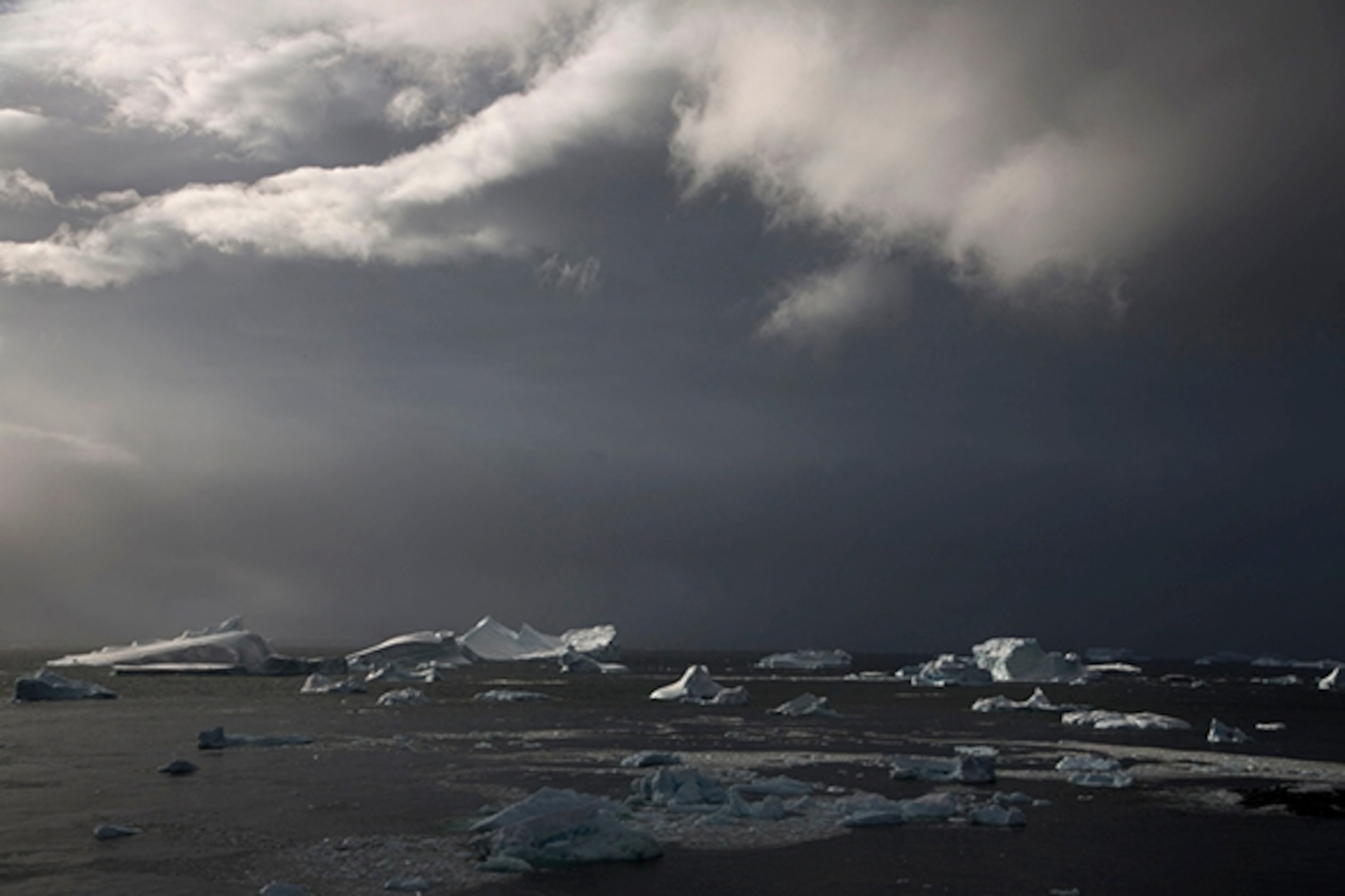 Dozens of icebergs float near Detaille Island along the western Antarctic Peninsula on March 17, 2016. The island is located below the Antarctic Circle off of the northern end of the Arrowsmith Peninsula in Graham Land, Antarctica. Photograph by Caroline Van Houten