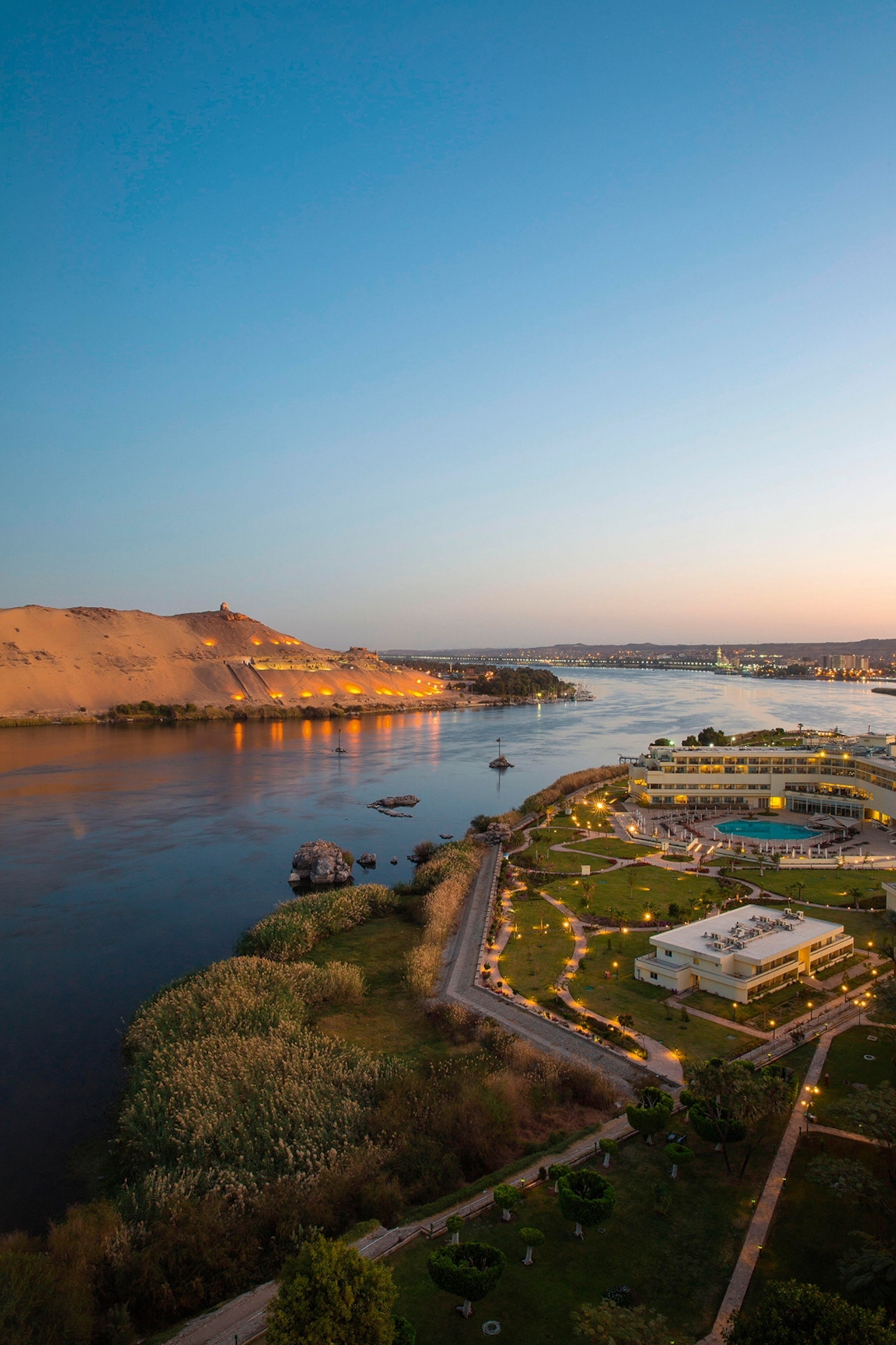 The edge of a coastal town in Egypt at sunset.