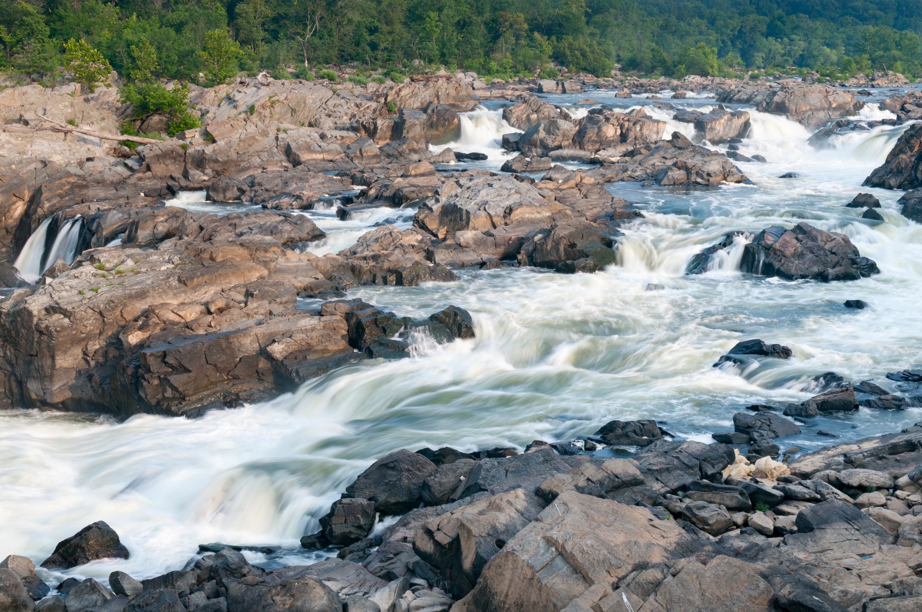 Rushing water flows over rocks in a river.