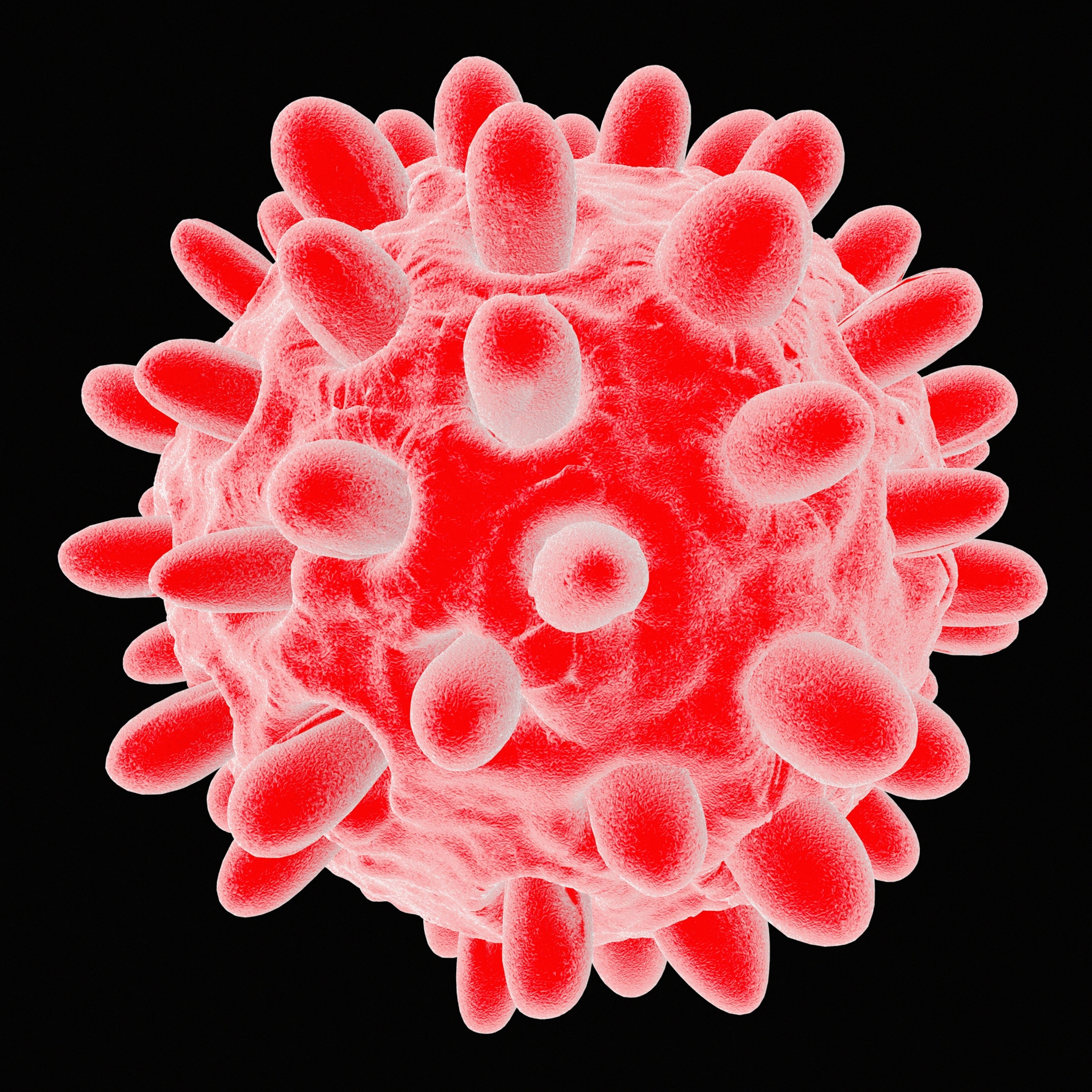 Red virus particle with textured surface and spiky protrusions, resembling an enlarged microscopic view, set against a black background.