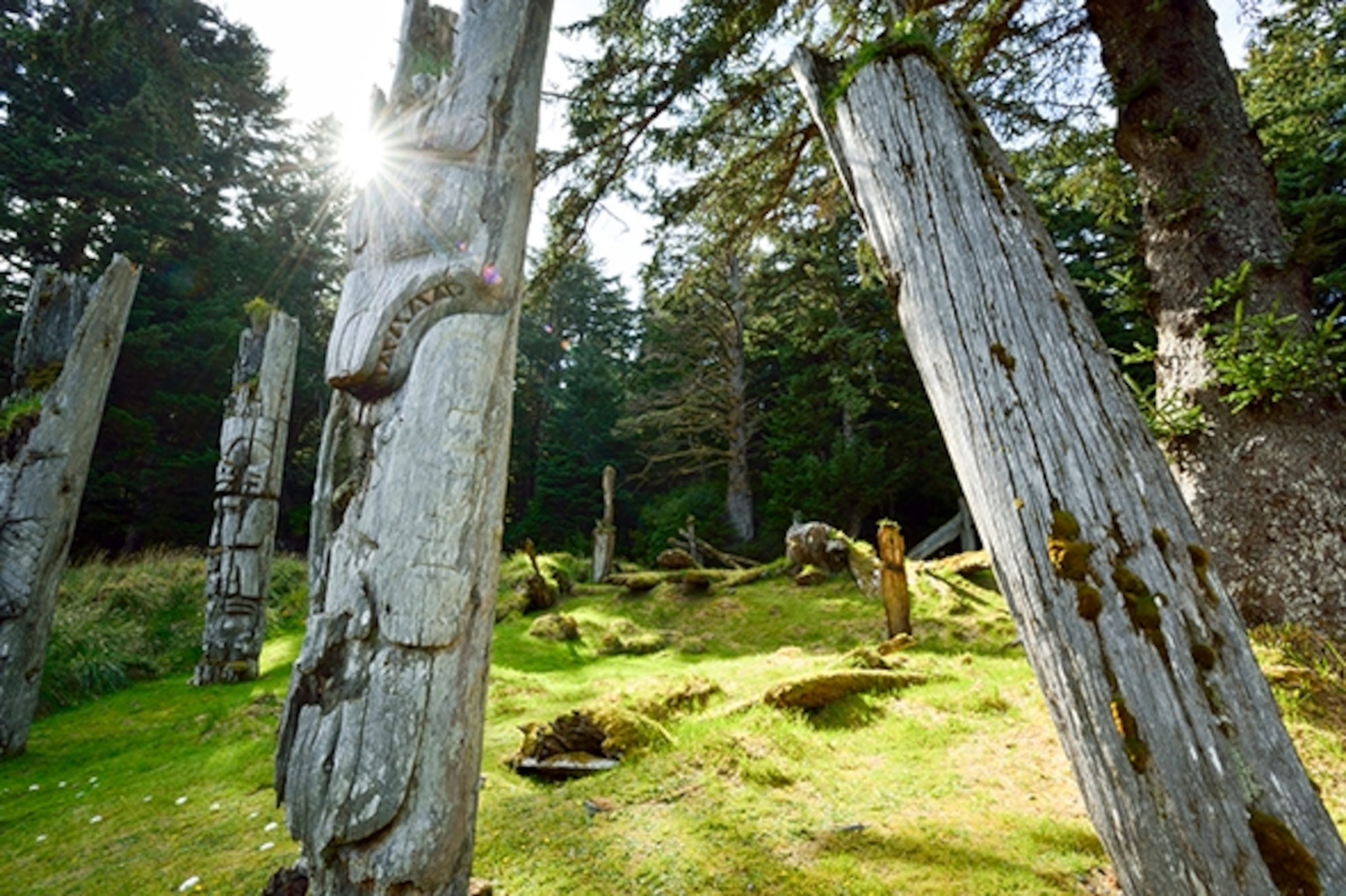 At the village of SGang Gwaay llnagaay, the remains of large cedar long houses and carved mortuary and memorial poles (above) commemorate the art and way of life of the Haida. (Photograph by Jonathan Kingston, National Geographic Creative)