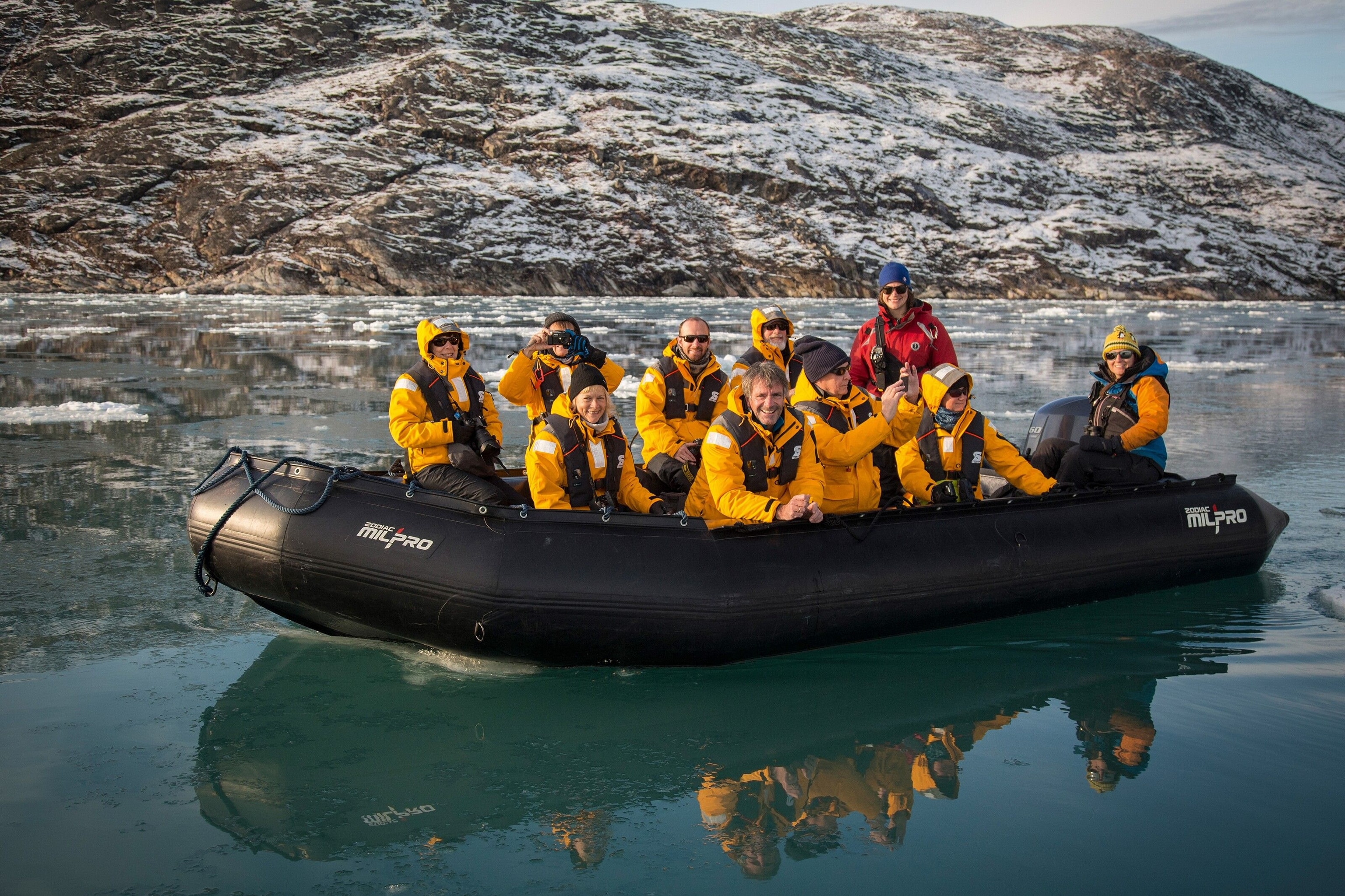 A Zodiac boat heads to shore, part of Quark Expeditions’ voyage to south Greenland.