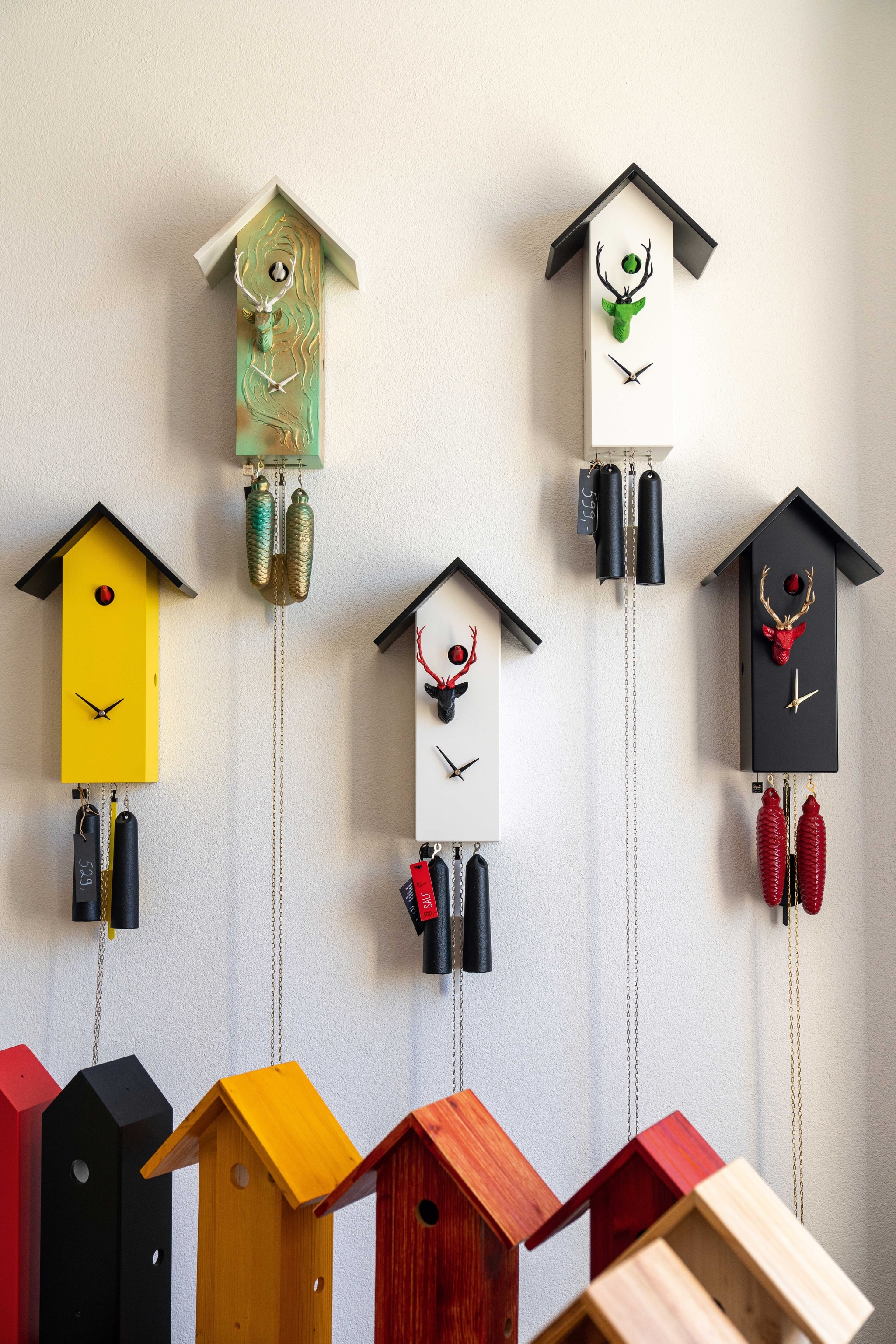 Cuckoo clocks on a wall