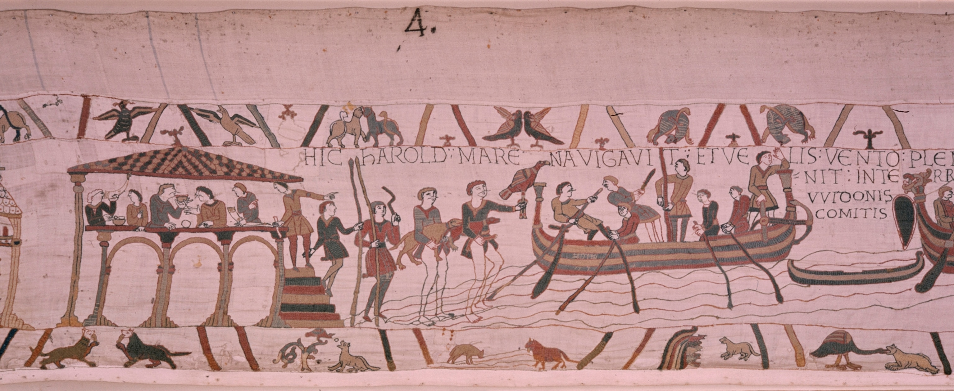 Harold and Saxons eat meal and embark for Normandy in Bayeux Tapestry.