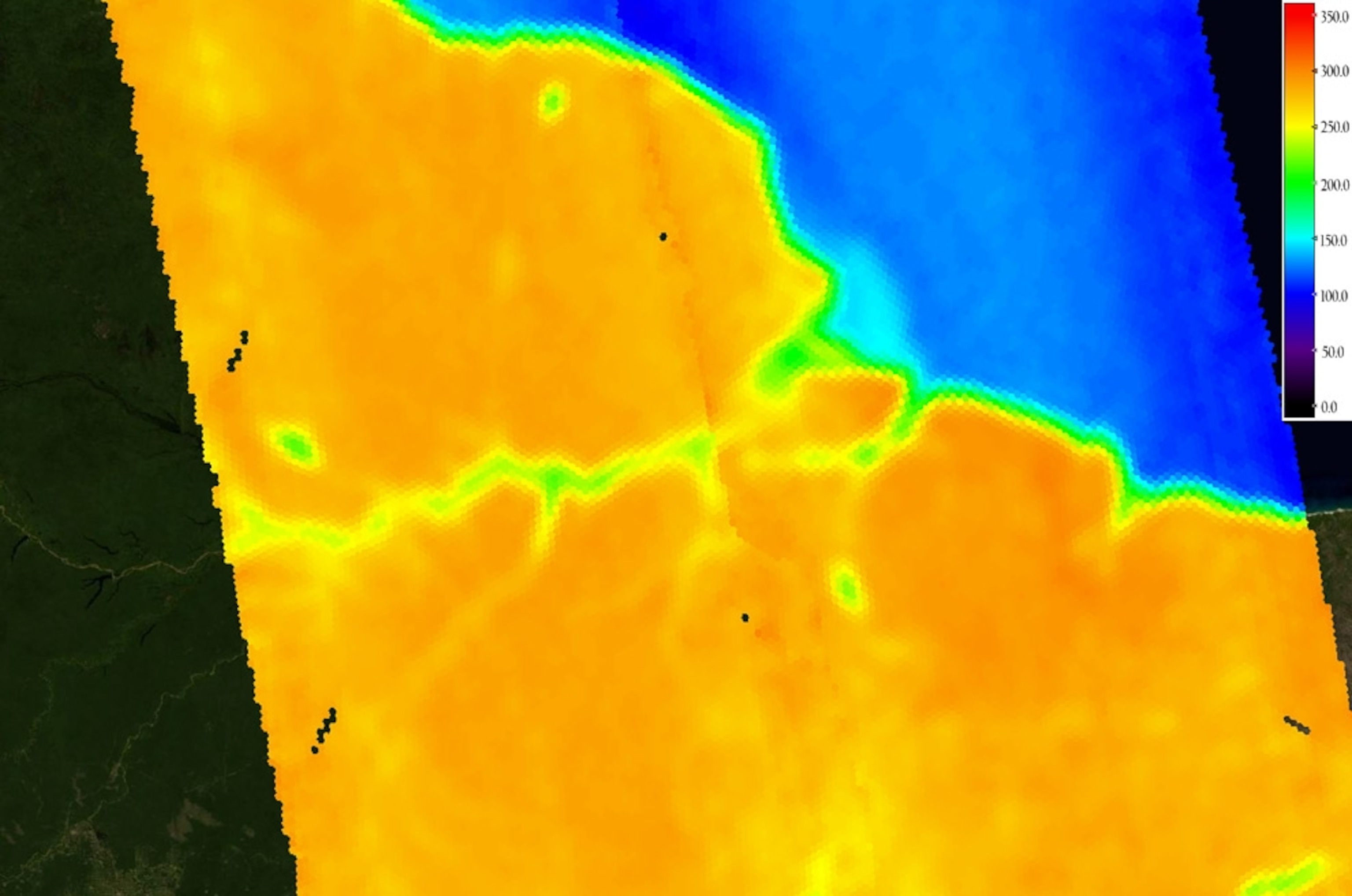 The Amazon River snakes across Brazil in a false-color satellite picture of the region's soil moisture.