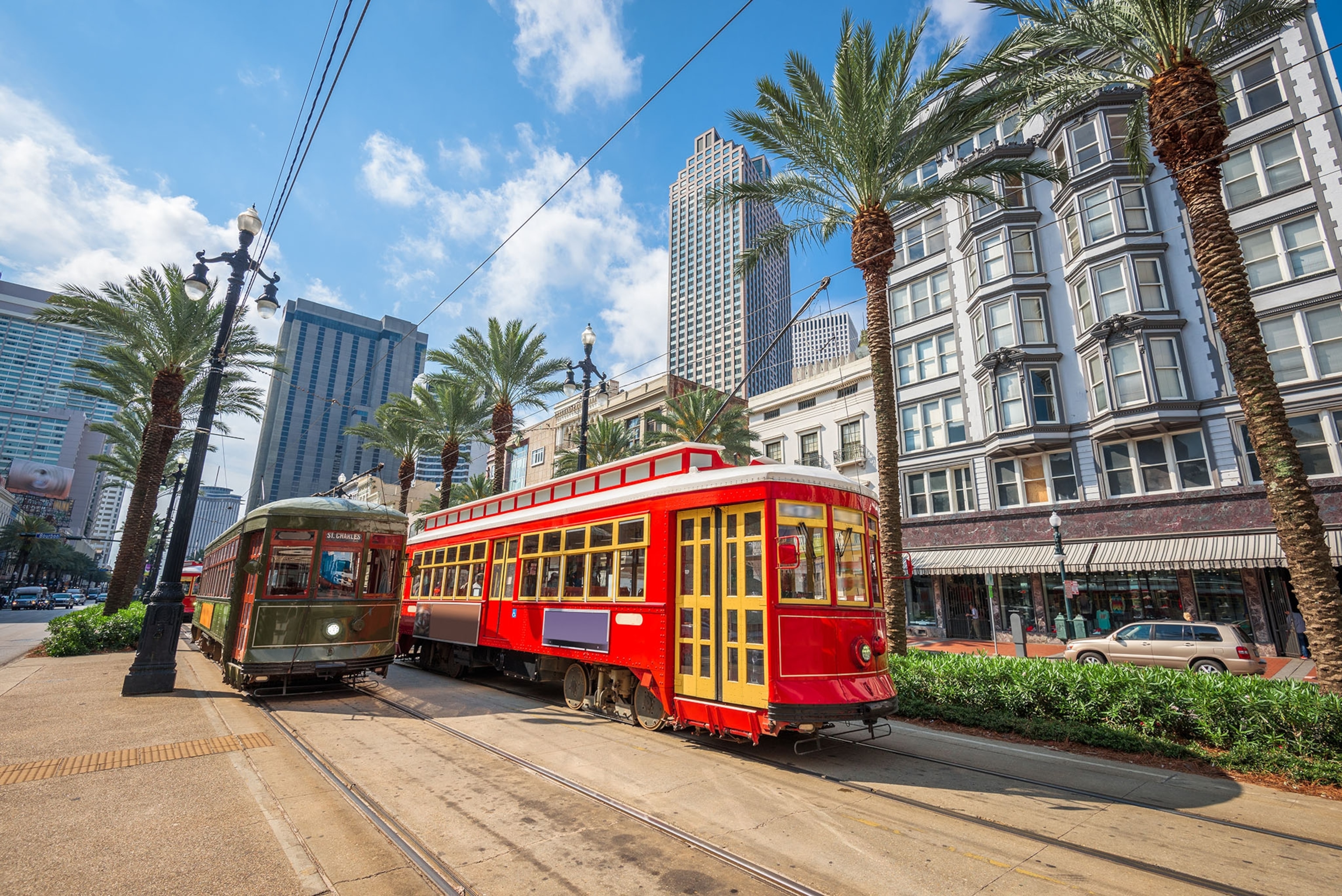 A tram running through a city with high-rising buildings and palm trees surrounding it.