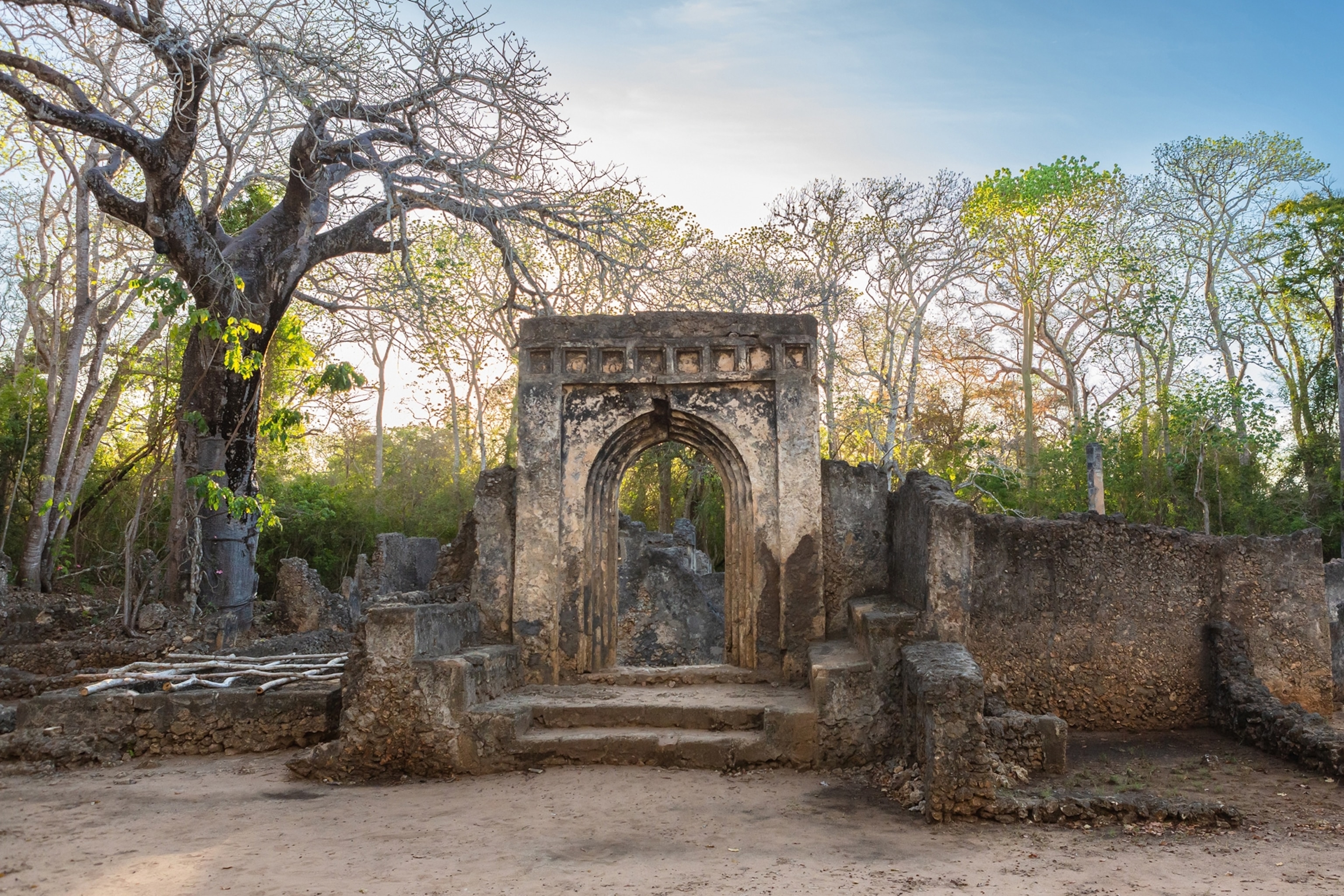 An abandoned temple surrounded by trees.