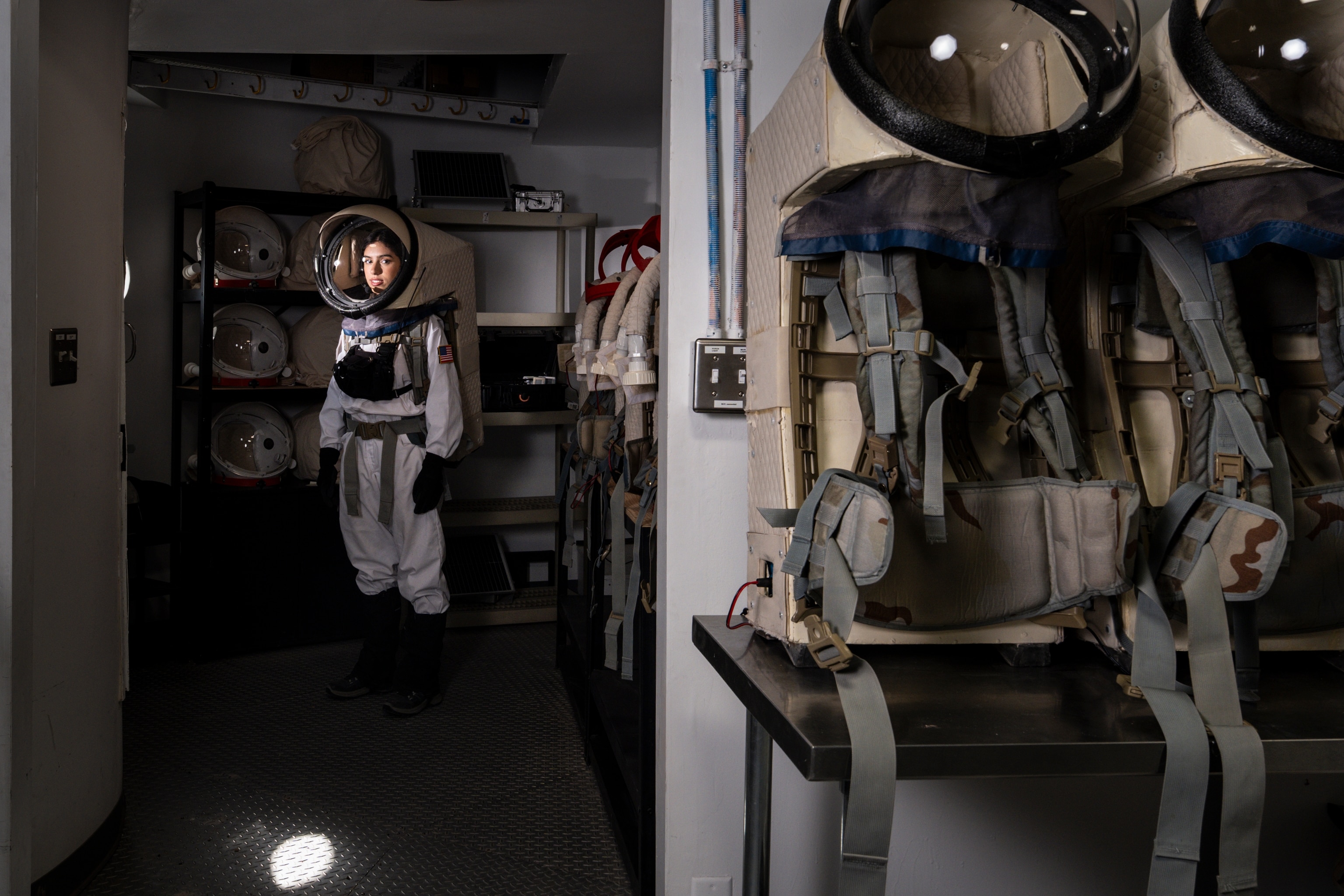 Commander Rym Chaïd poses for a portrait while preparing for an EVA on Sol 6 at Mars Desert Research Station outside of Hanksville, Utah on October 18, 2025.