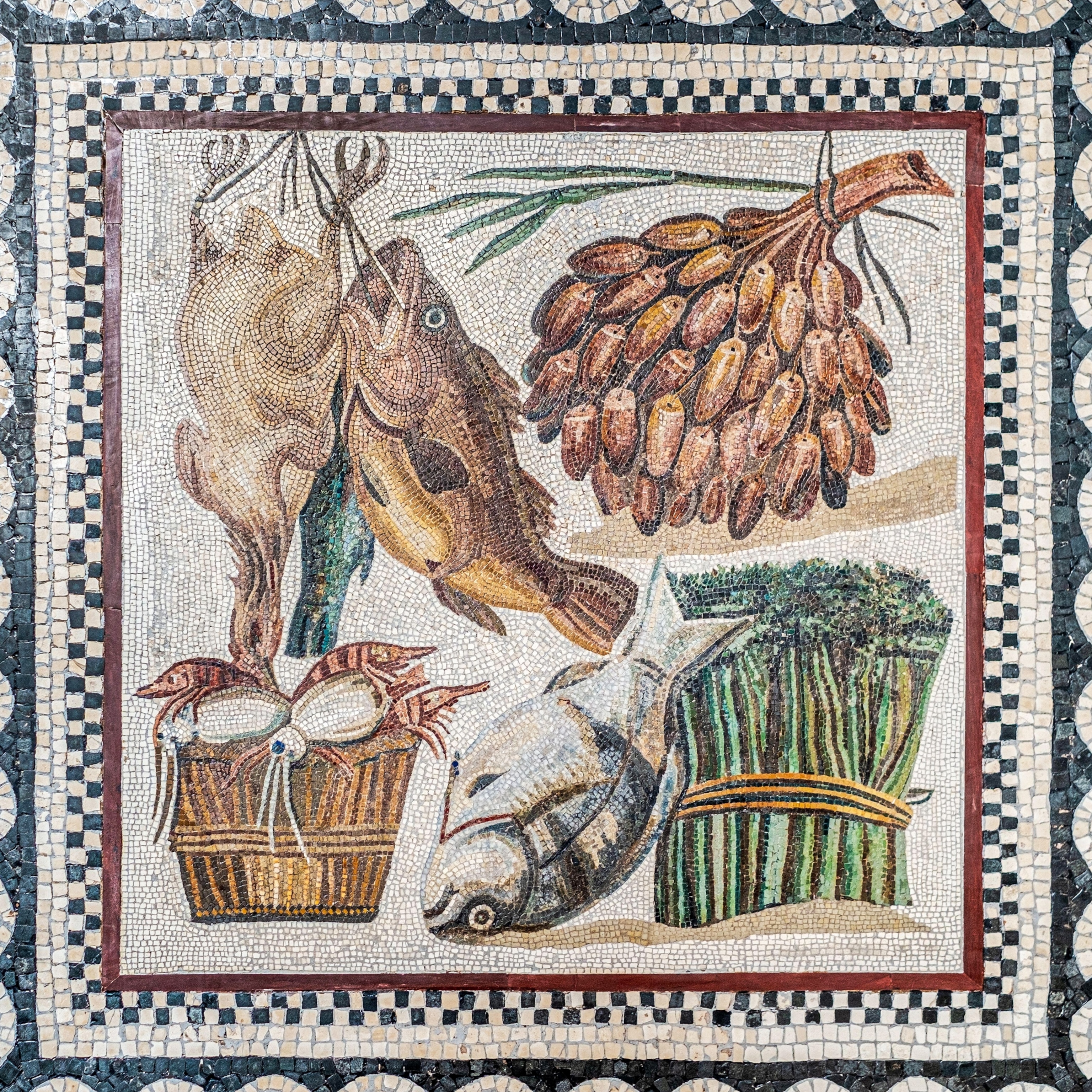 Ancient Roman still-life mosaic fish and vegetables, 2nd century, from a villa at Tor Marancia. Vatican Museums, Rome