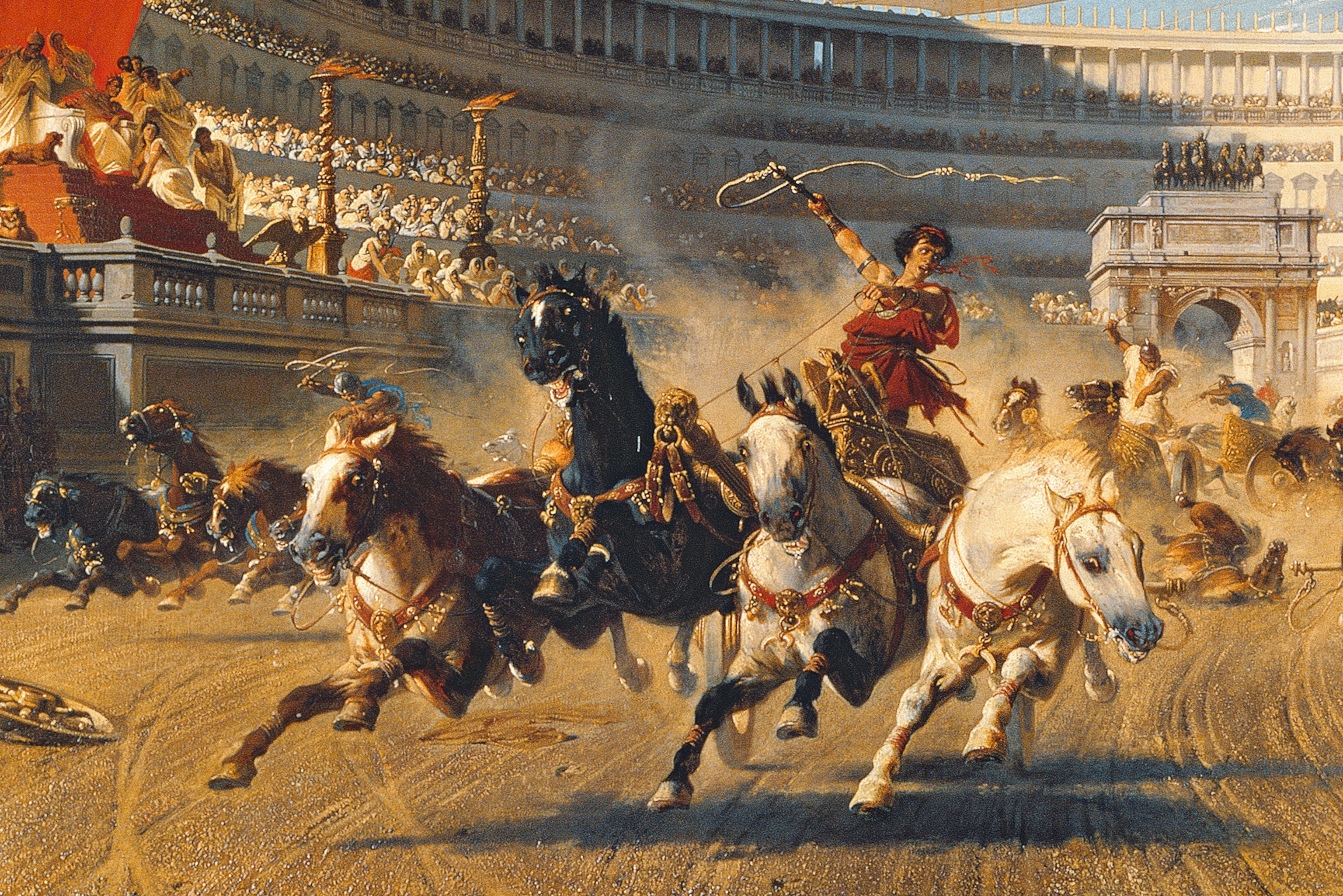 A charioteer wears the horses’ reins tied around his waist.