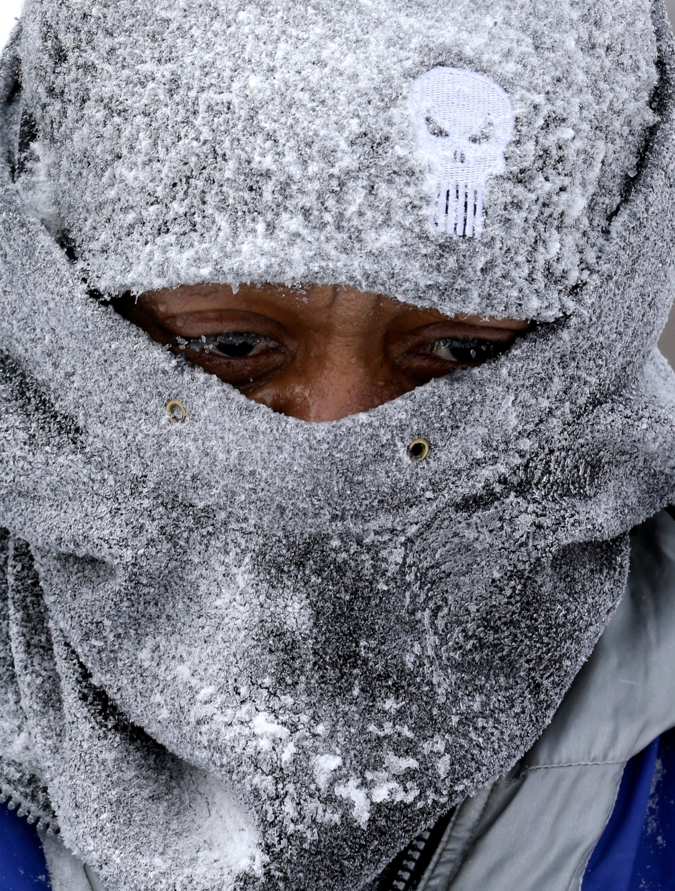 Picture of a man's face covered in snow.