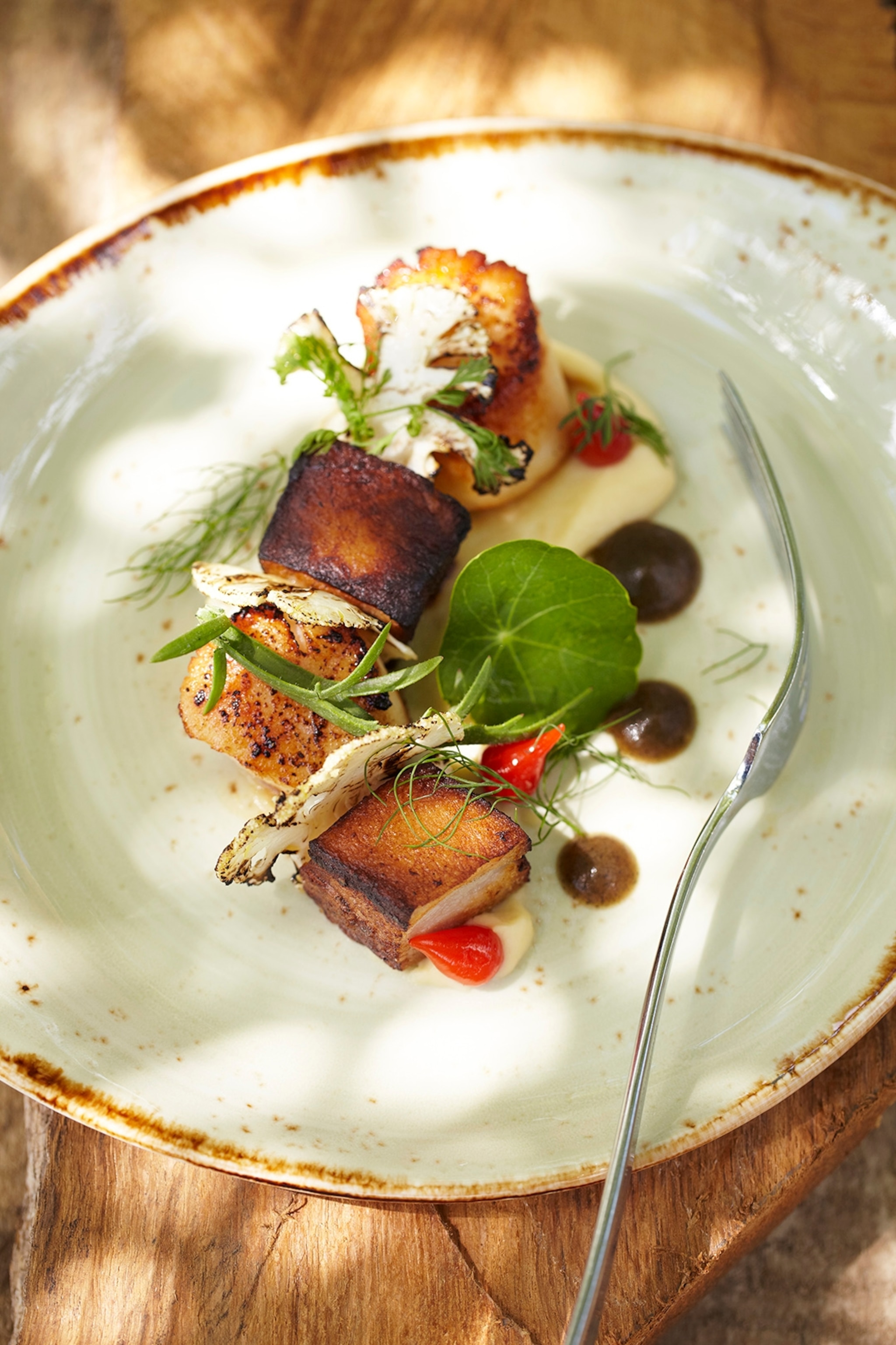 An artfully presented plate of seared scallops with sauce droplets and greens.