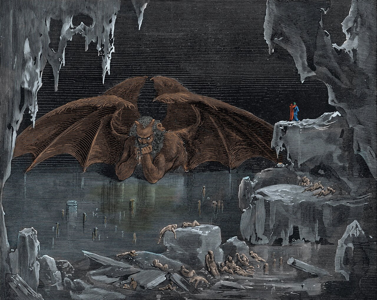 In this late 19th-century illustration by Gustave Doré, Lucifer, trapped in ice, devours the traitors Judas, Brutus, and Cassius.