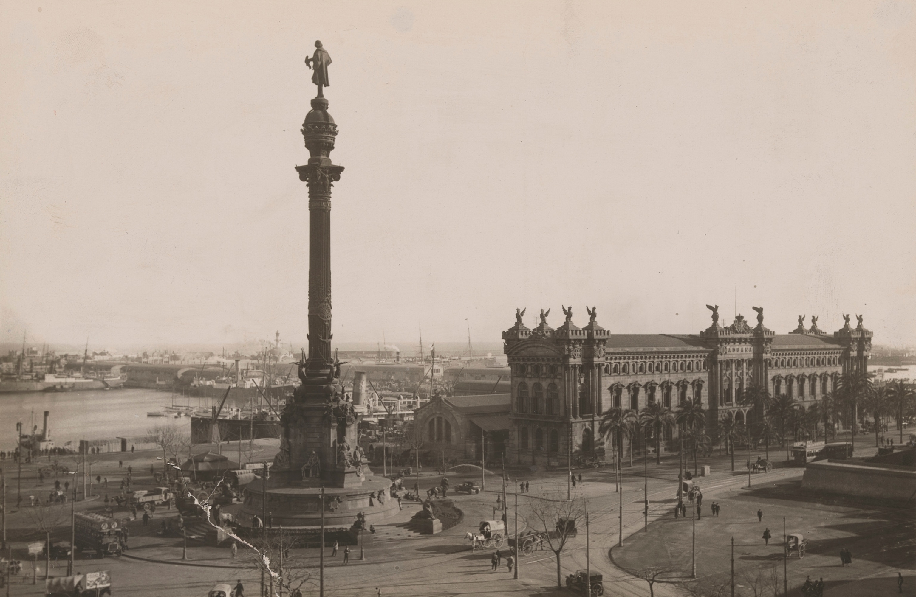 An aerial view of Barcelona shows the Colon Monument.