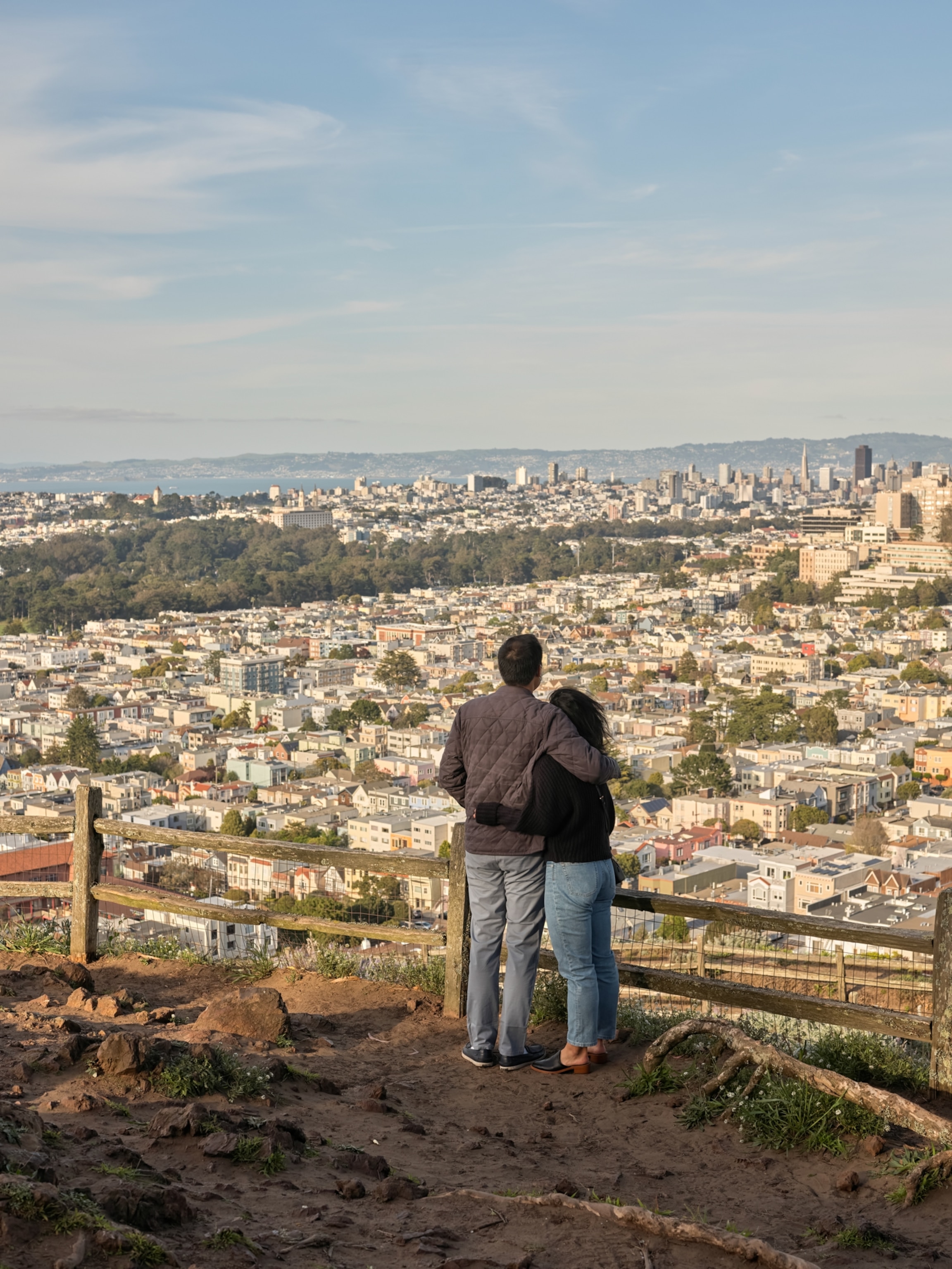A couple seen from behind while embracing and looking out at San Francisco from a scenic overlook.